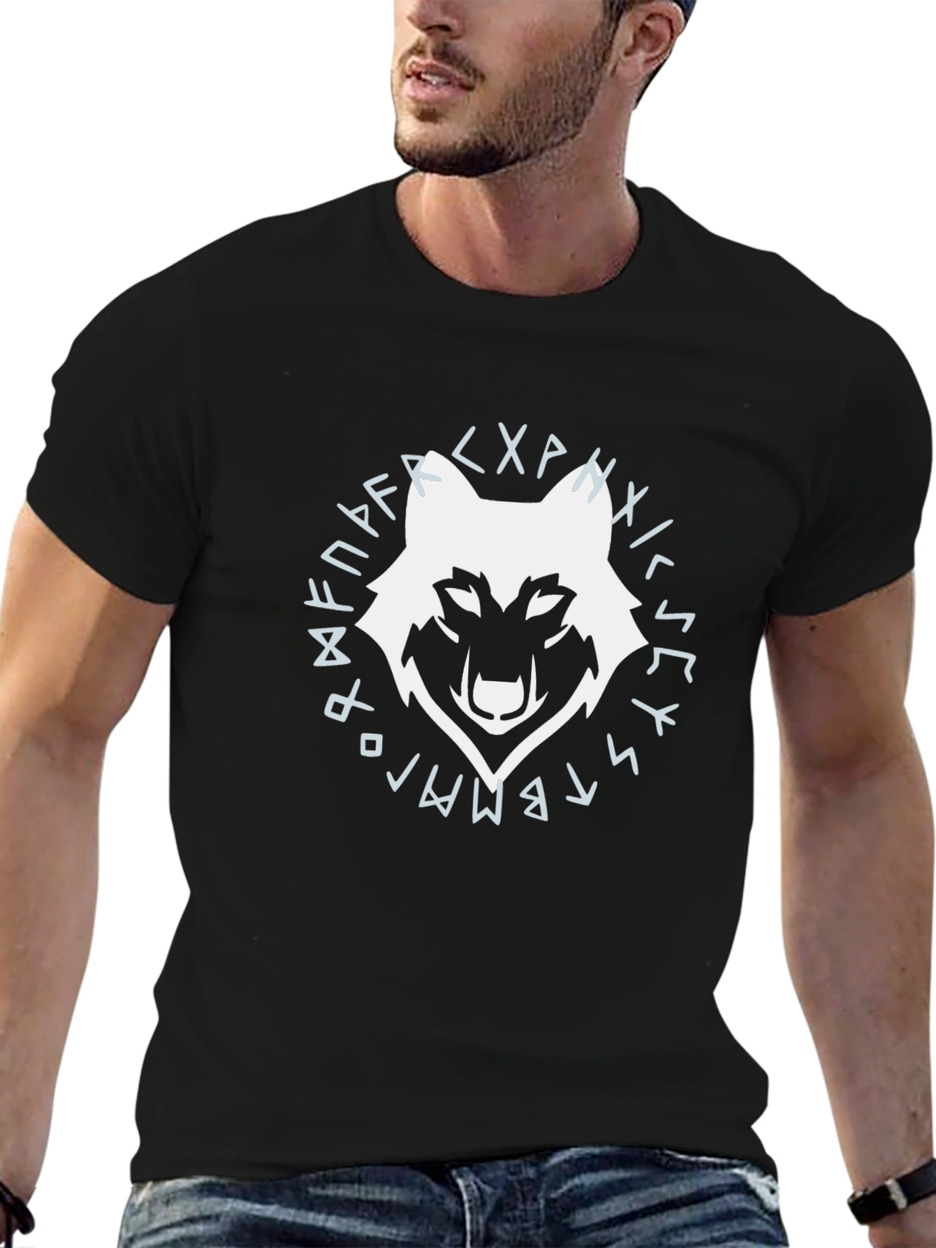 Wolf Head Rune Circle Graphic Tee - Black