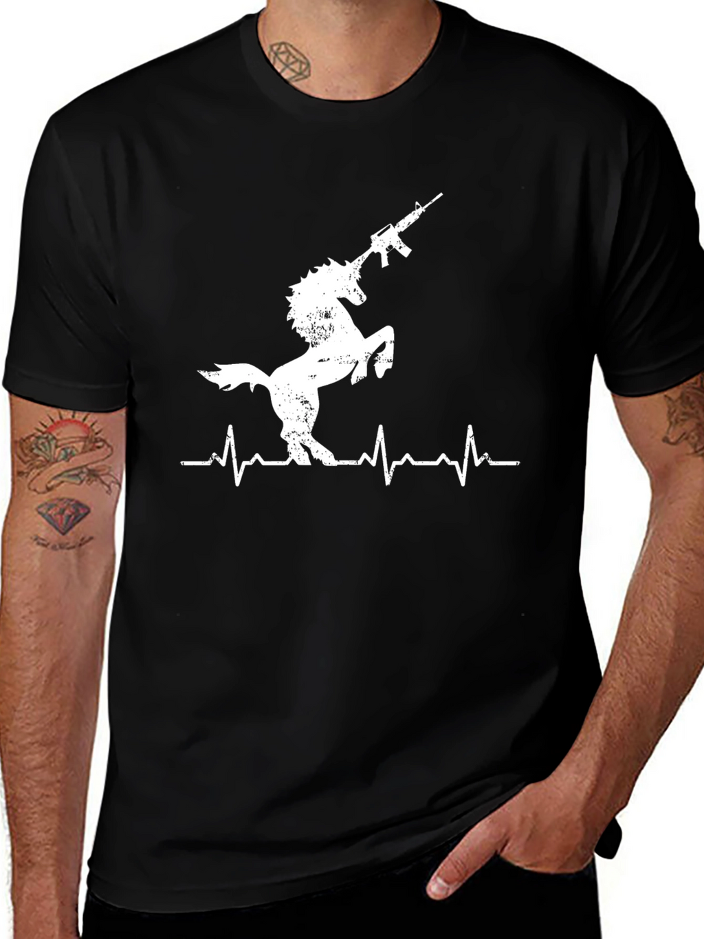 Unicorn Gun Heartbeat T-Shirt - Black