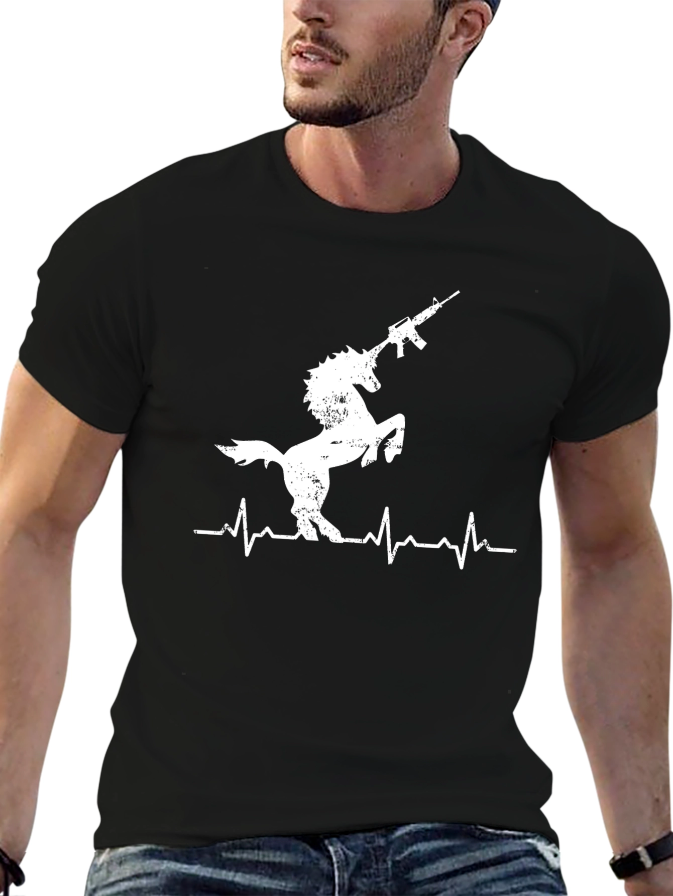 Unicorn Gun Heartbeat T-Shirt - Black