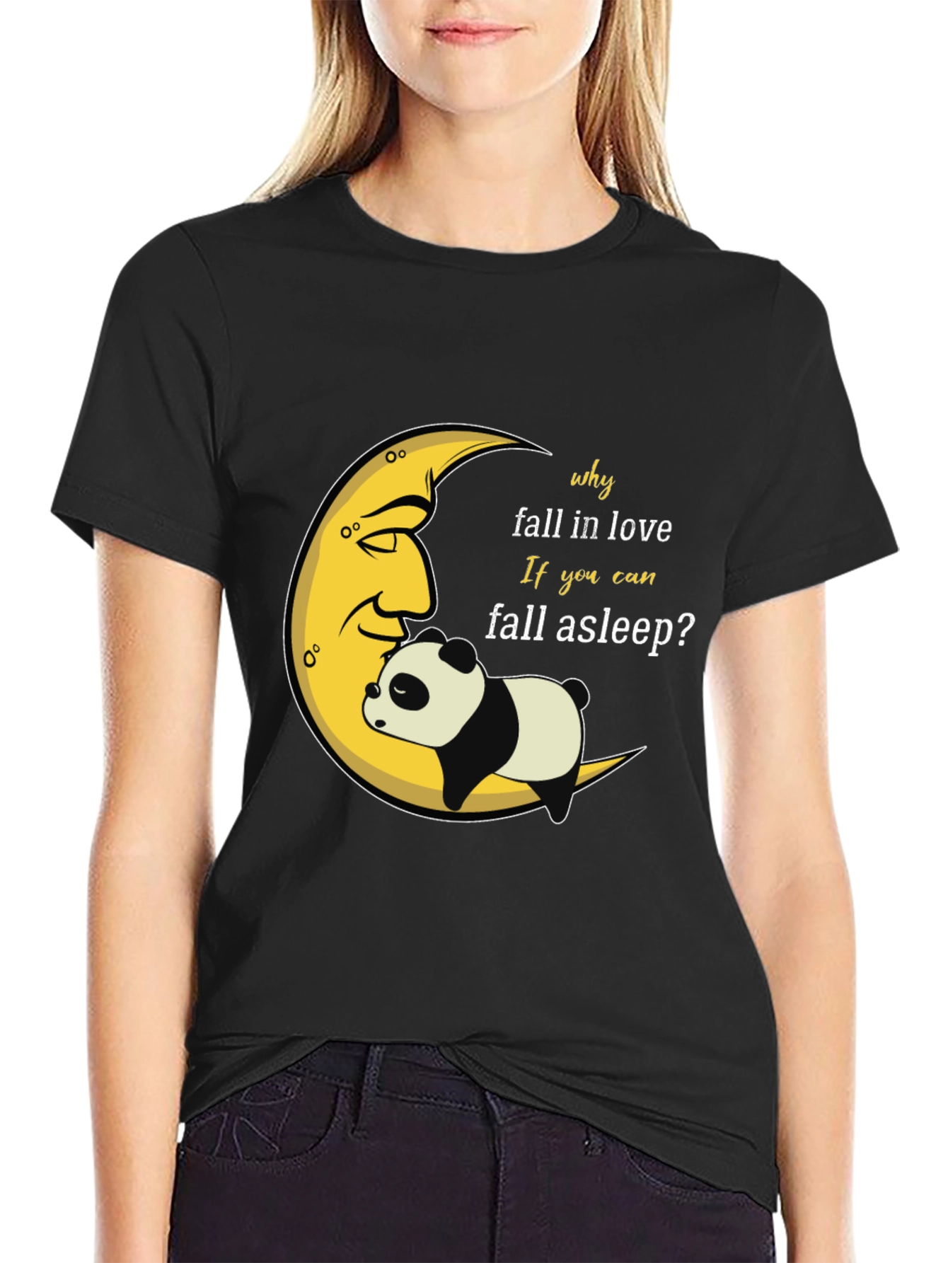 Sleepy Panda Moon Graphic Black T-Shirt