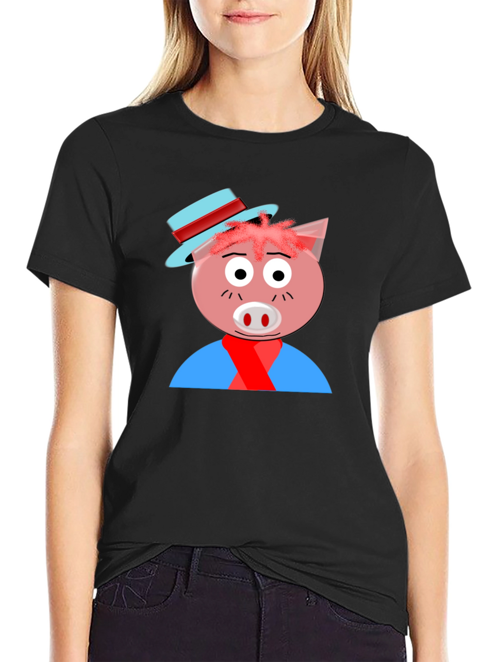 Cartoon Pig Graphic Tee - Black Casual T-Shirt