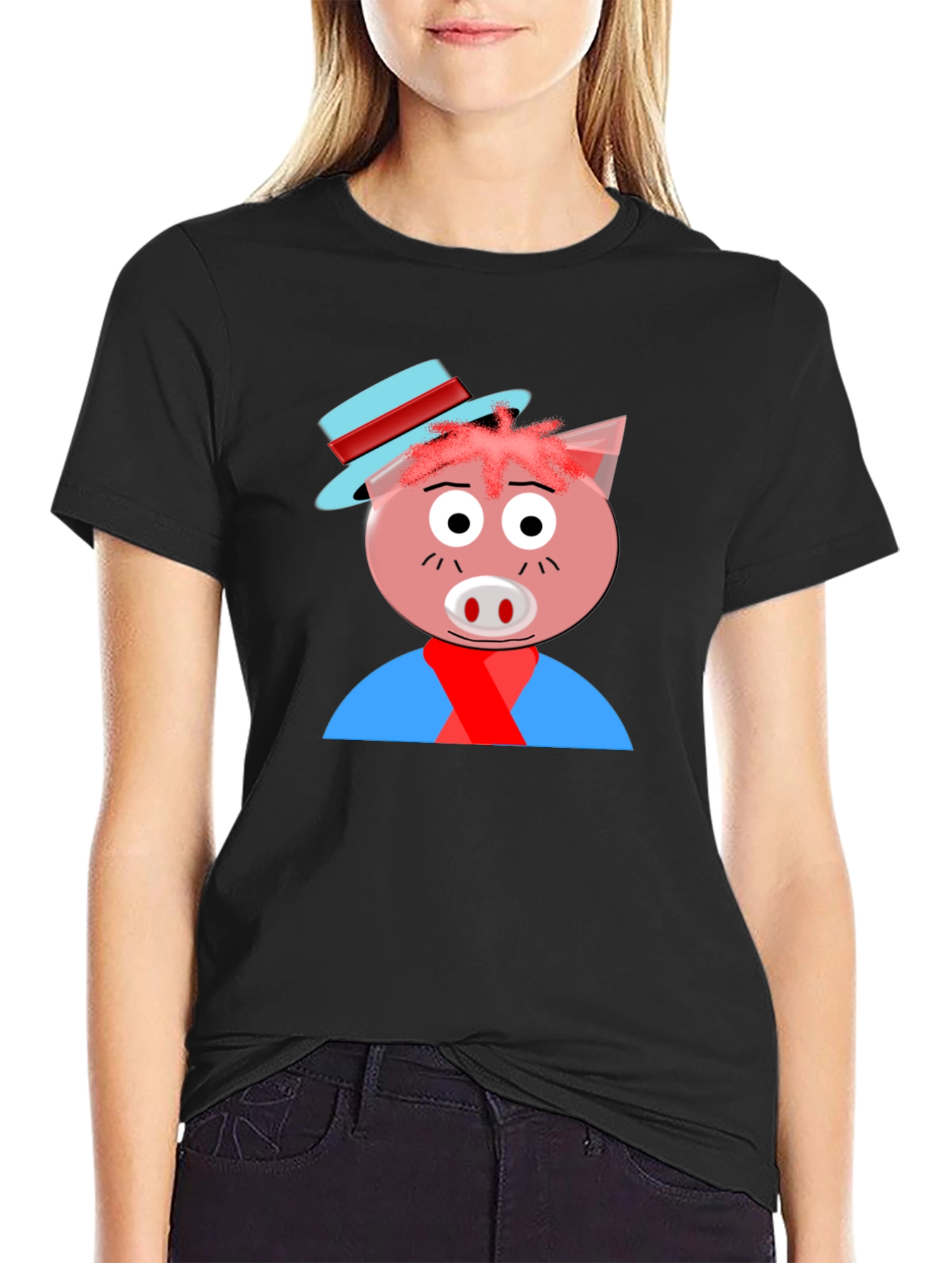 Cartoon Pig Graphic Tee - Black Casual T-Shirt
