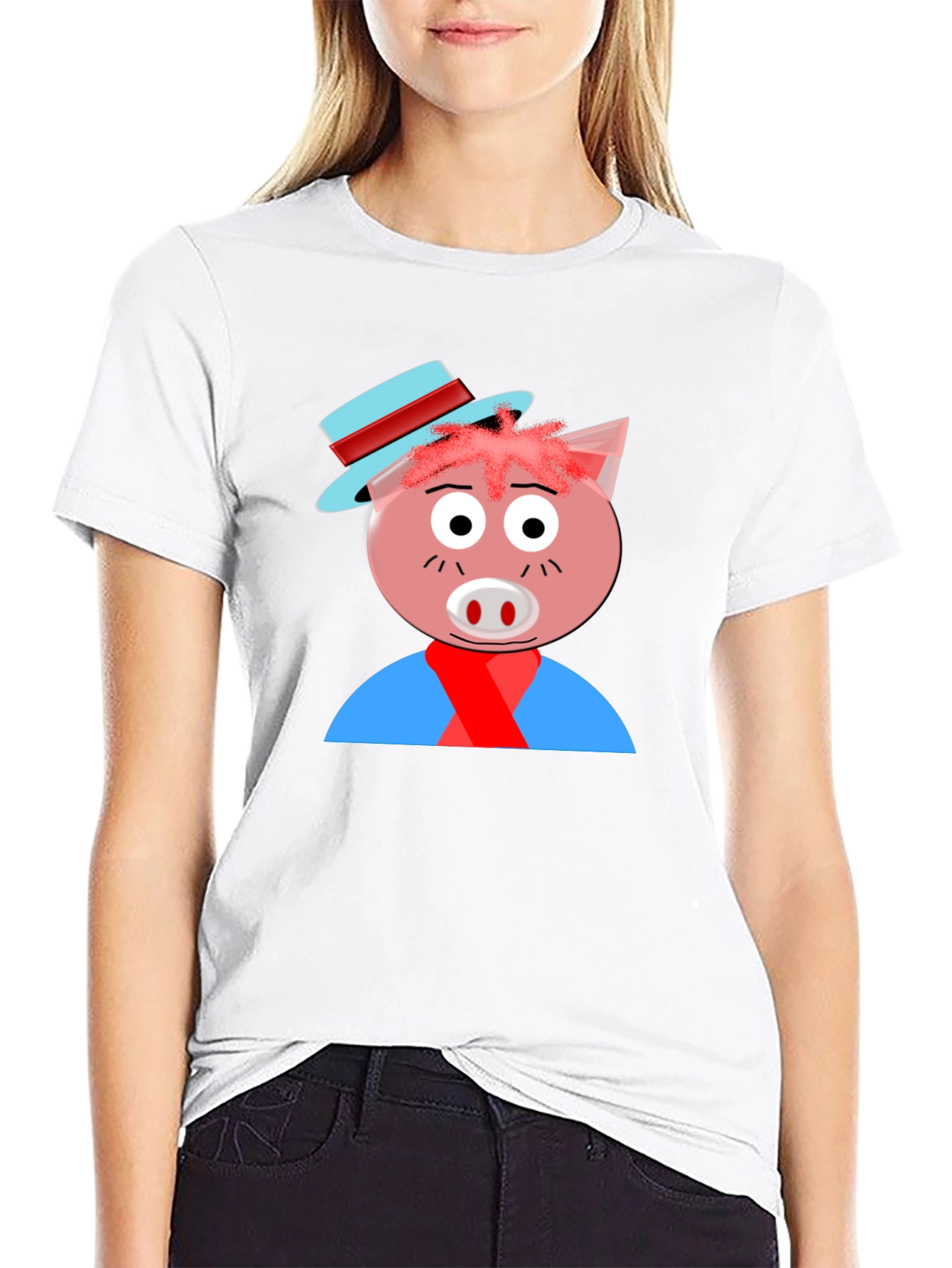 Cartoon Pig Graphic Tee - Black Casual T-Shirt