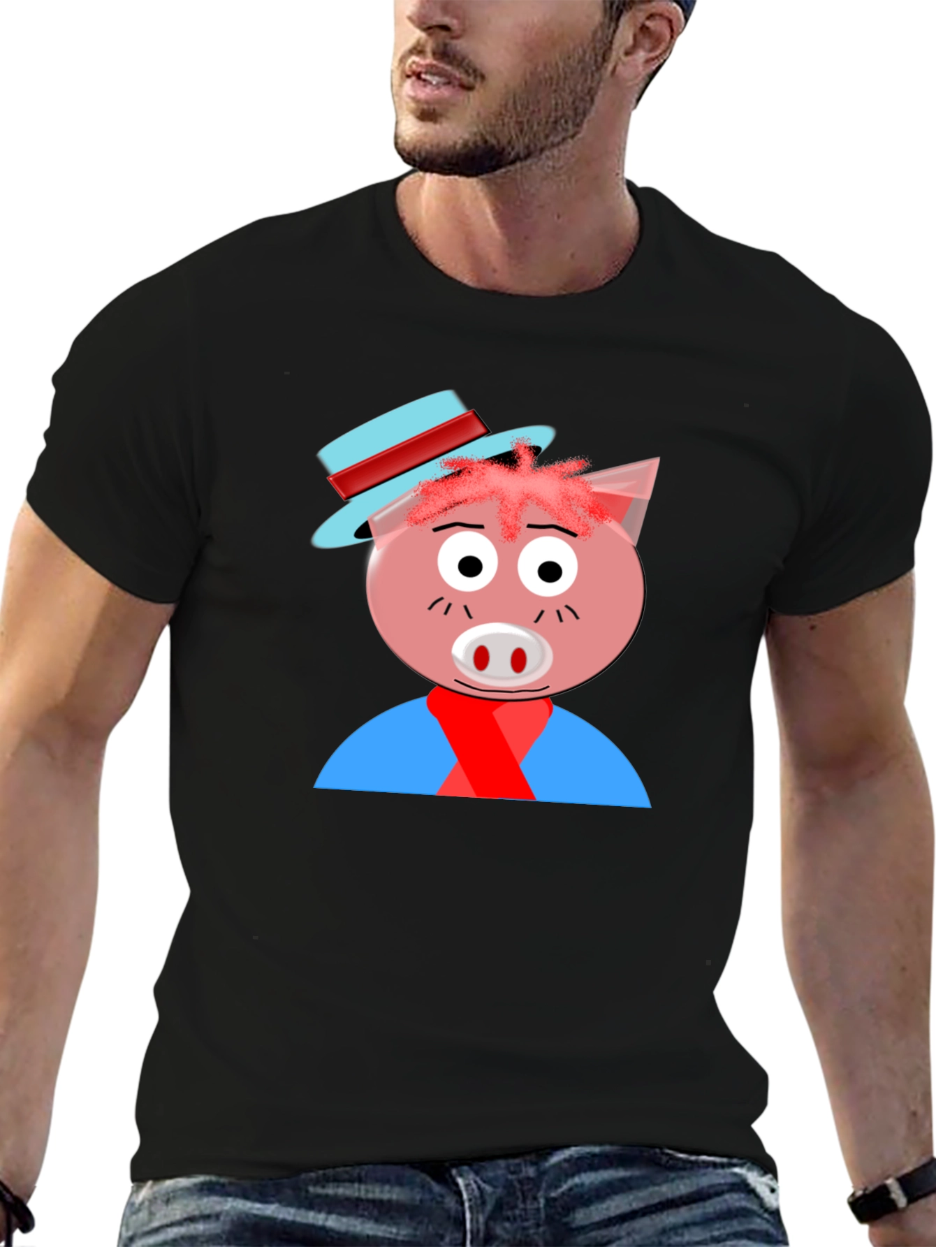 Cartoon Pig Graphic Tee - Black Casual T-Shirt
