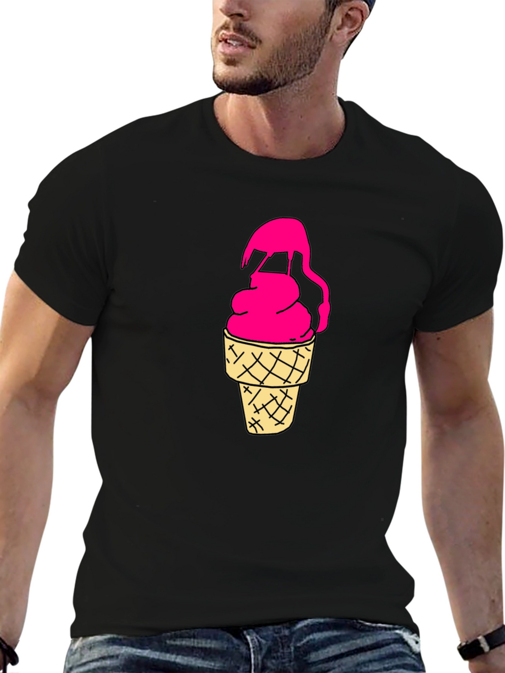 Pink Ice Cream Cone Graphic Black T-Shirt