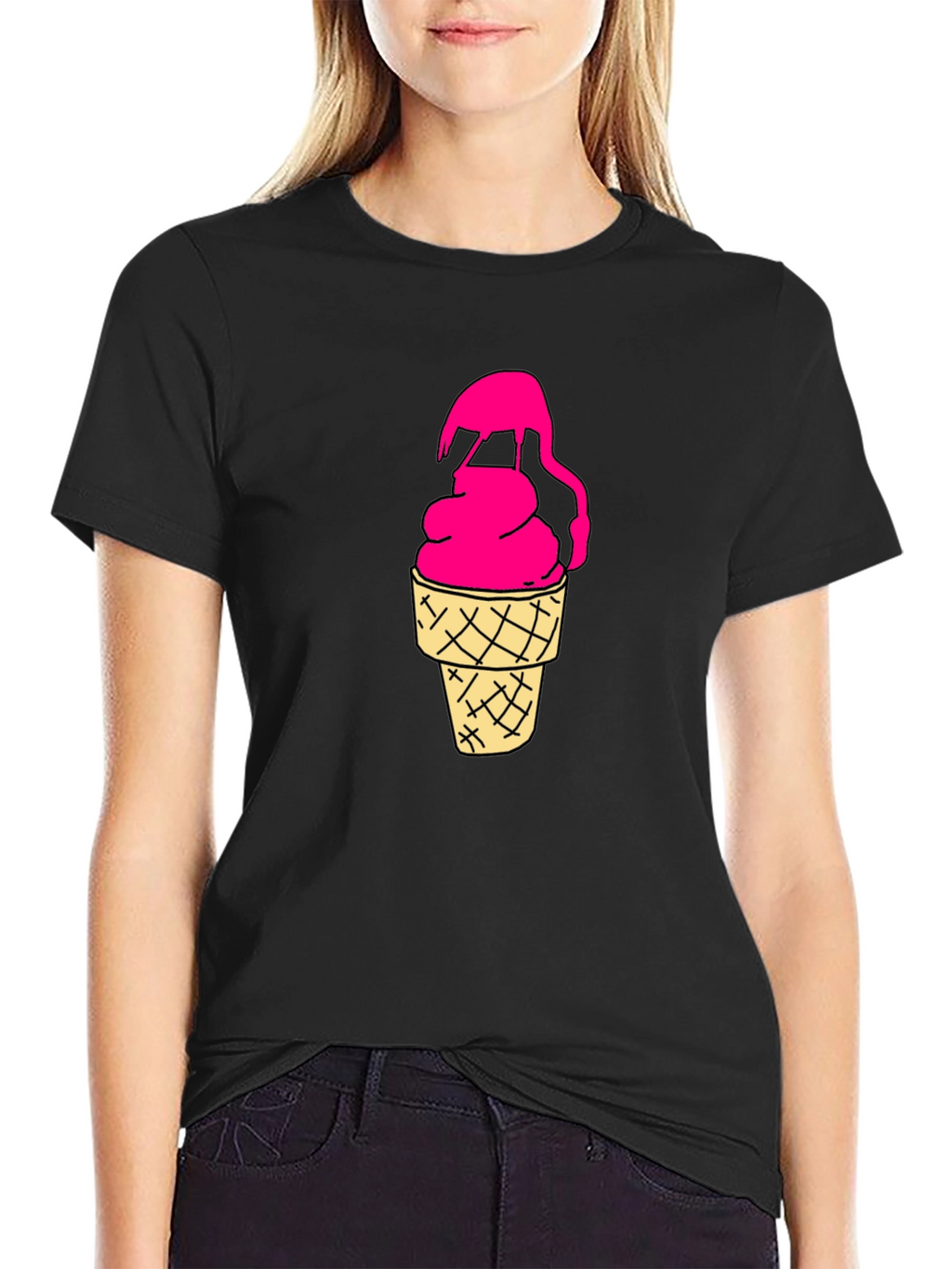 Pink Ice Cream Cone Graphic Black T-Shirt