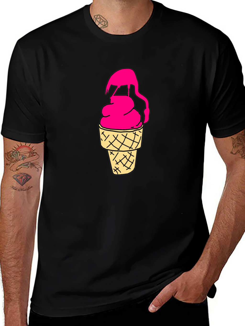 Pink Ice Cream Cone Graphic Black T-Shirt