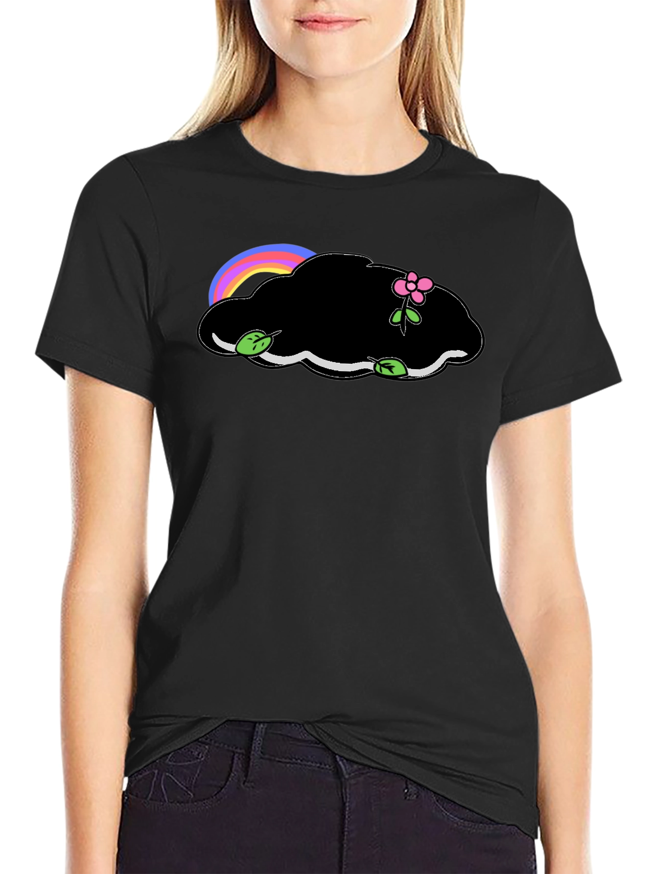 Black T-Shirt with Cloud and Flower Graphic