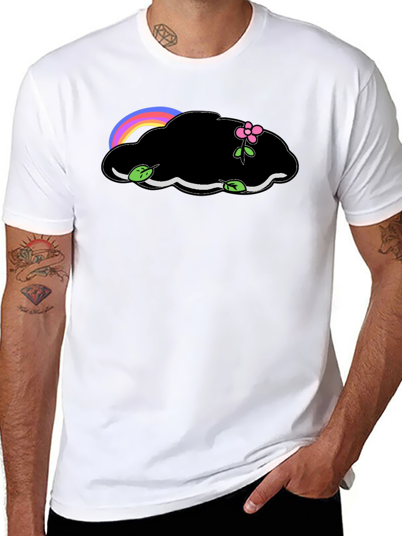 Black T-Shirt with Cloud and Flower Graphic