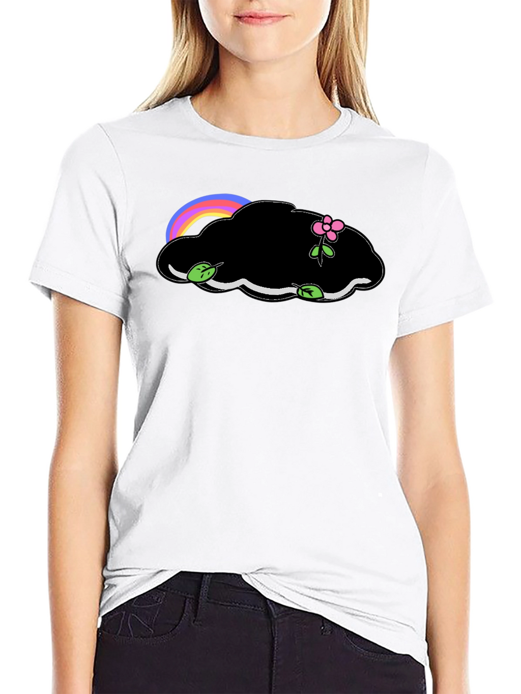 Black T-Shirt with Cloud and Flower Graphic