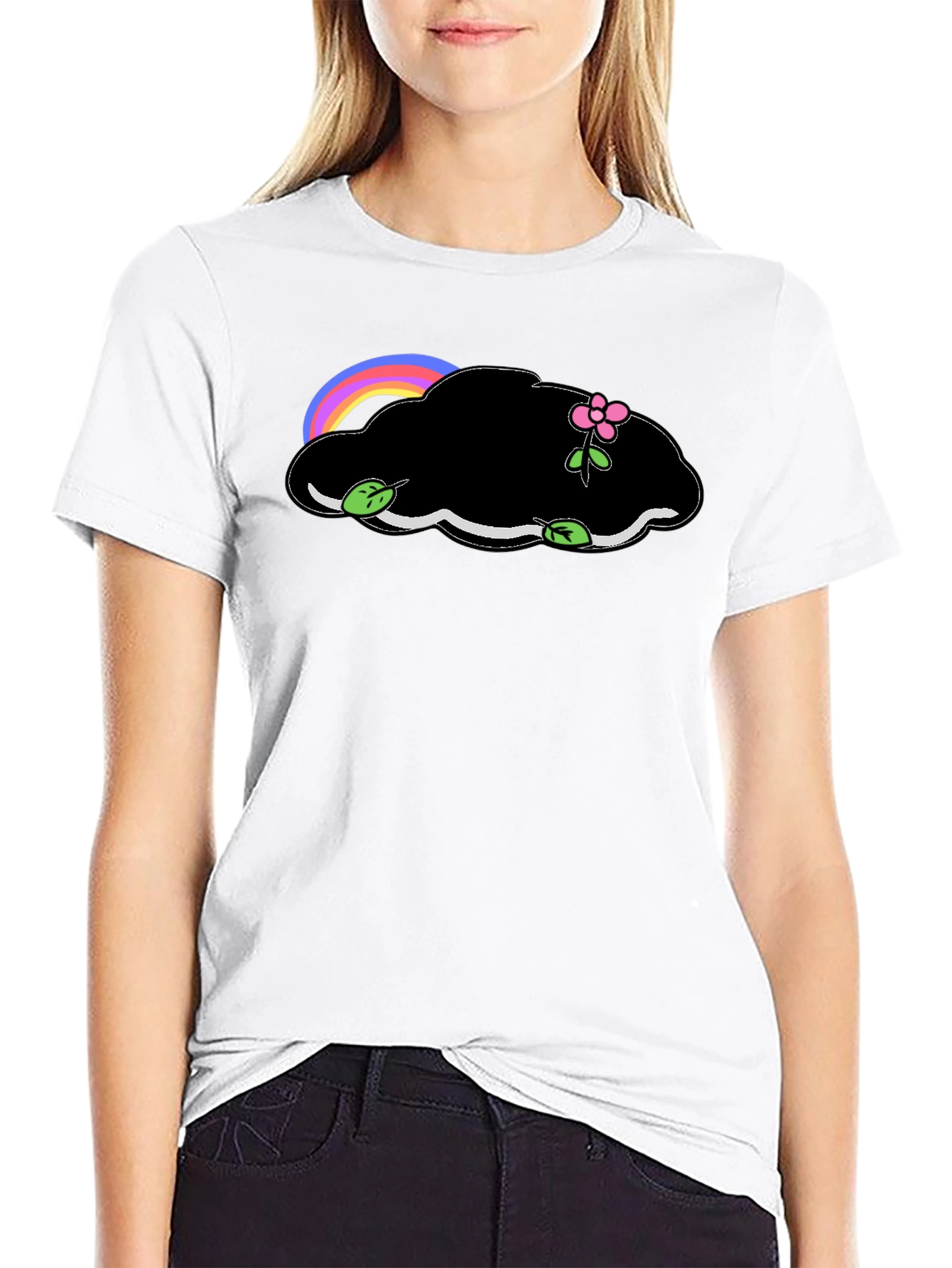 Black T-Shirt with Cloud and Flower Graphic