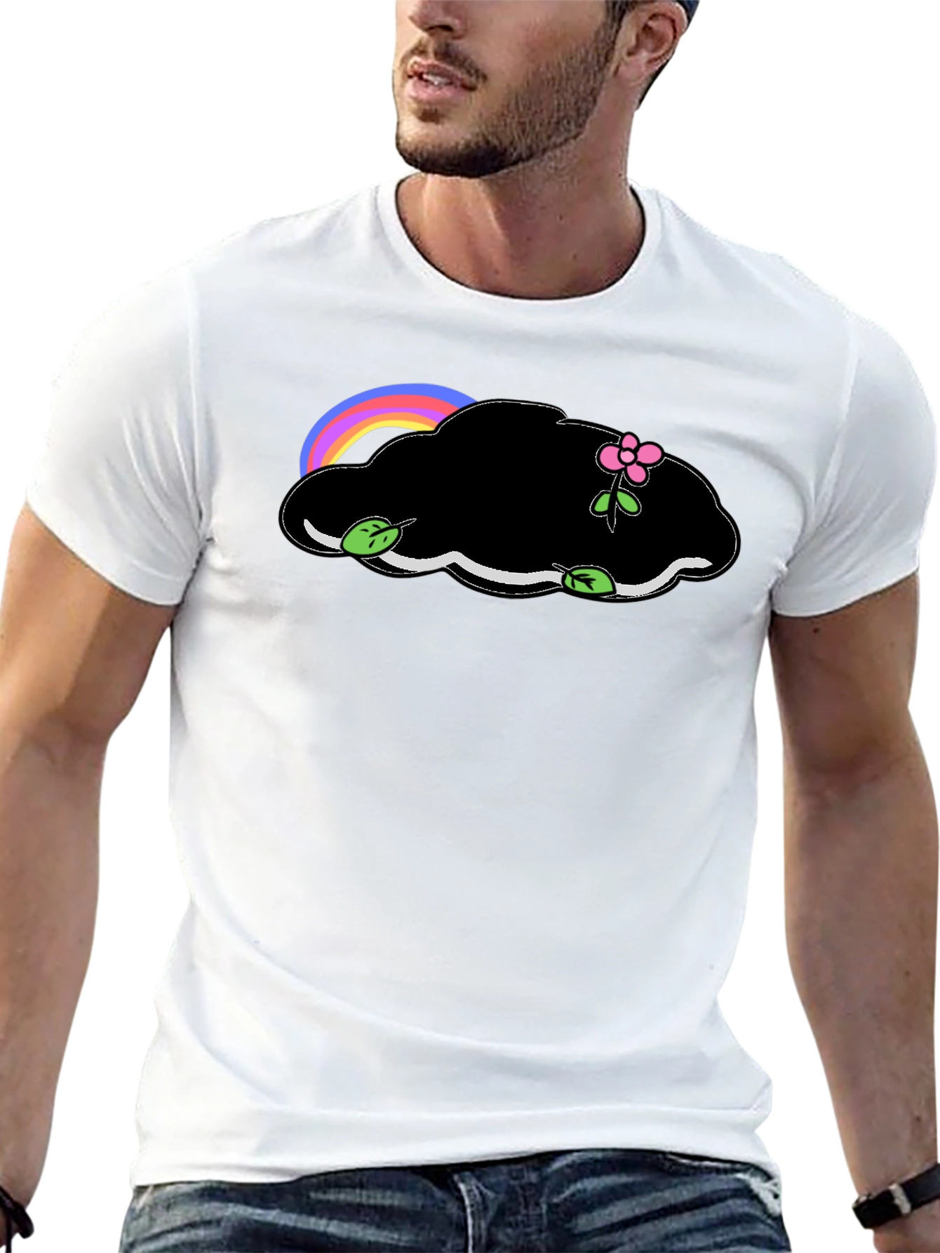 Black T-Shirt with Cloud and Flower Graphic