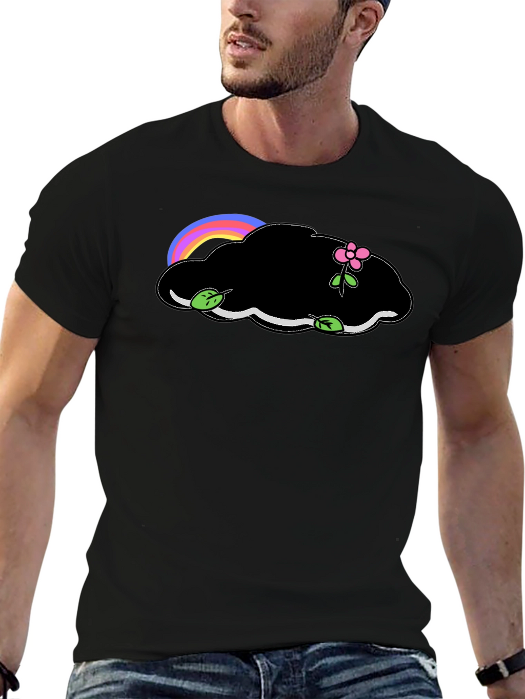 Black T-Shirt with Cloud and Flower Graphic