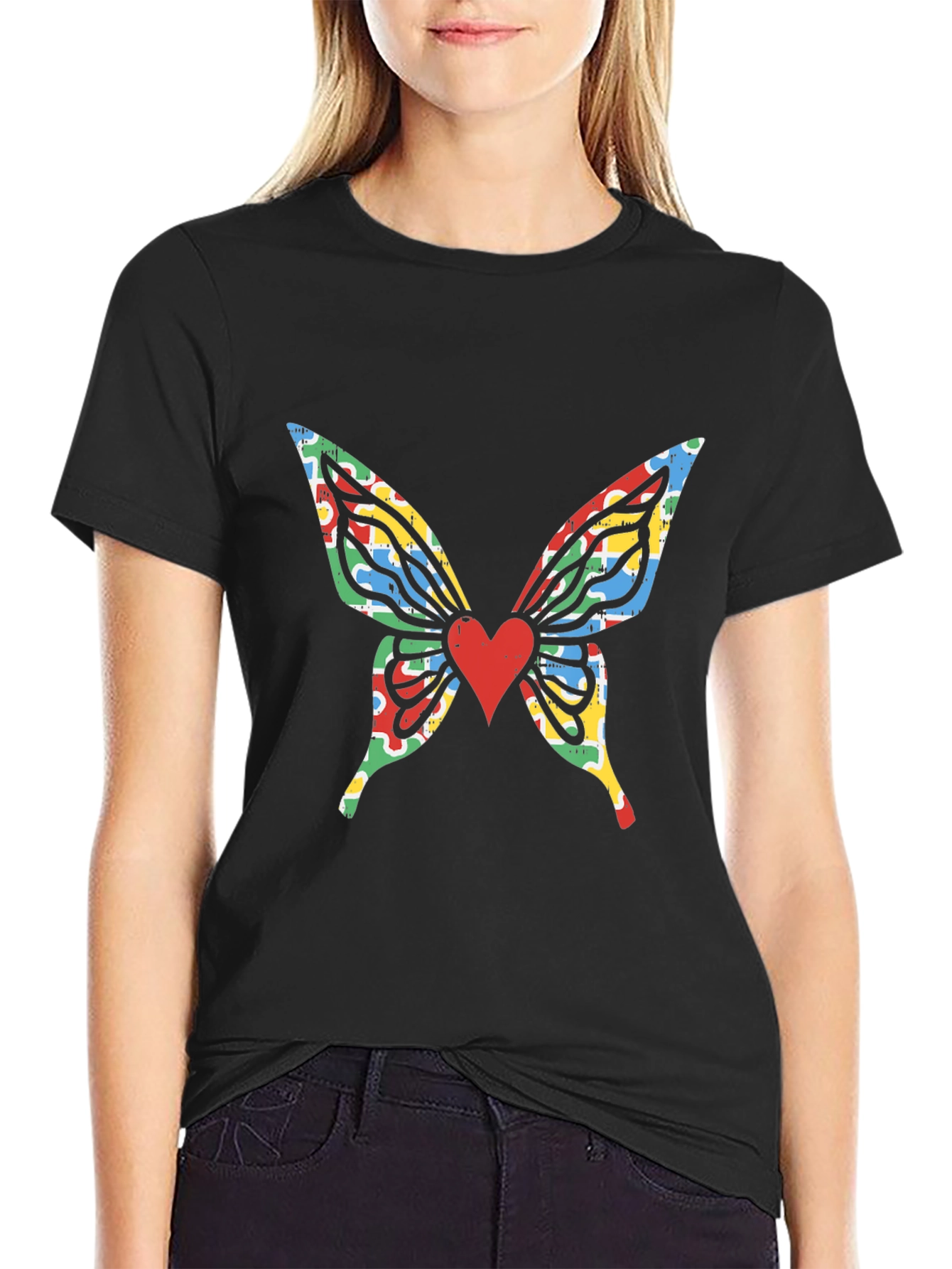 Butterfly Wings Heart Graphic Black T-Shirt