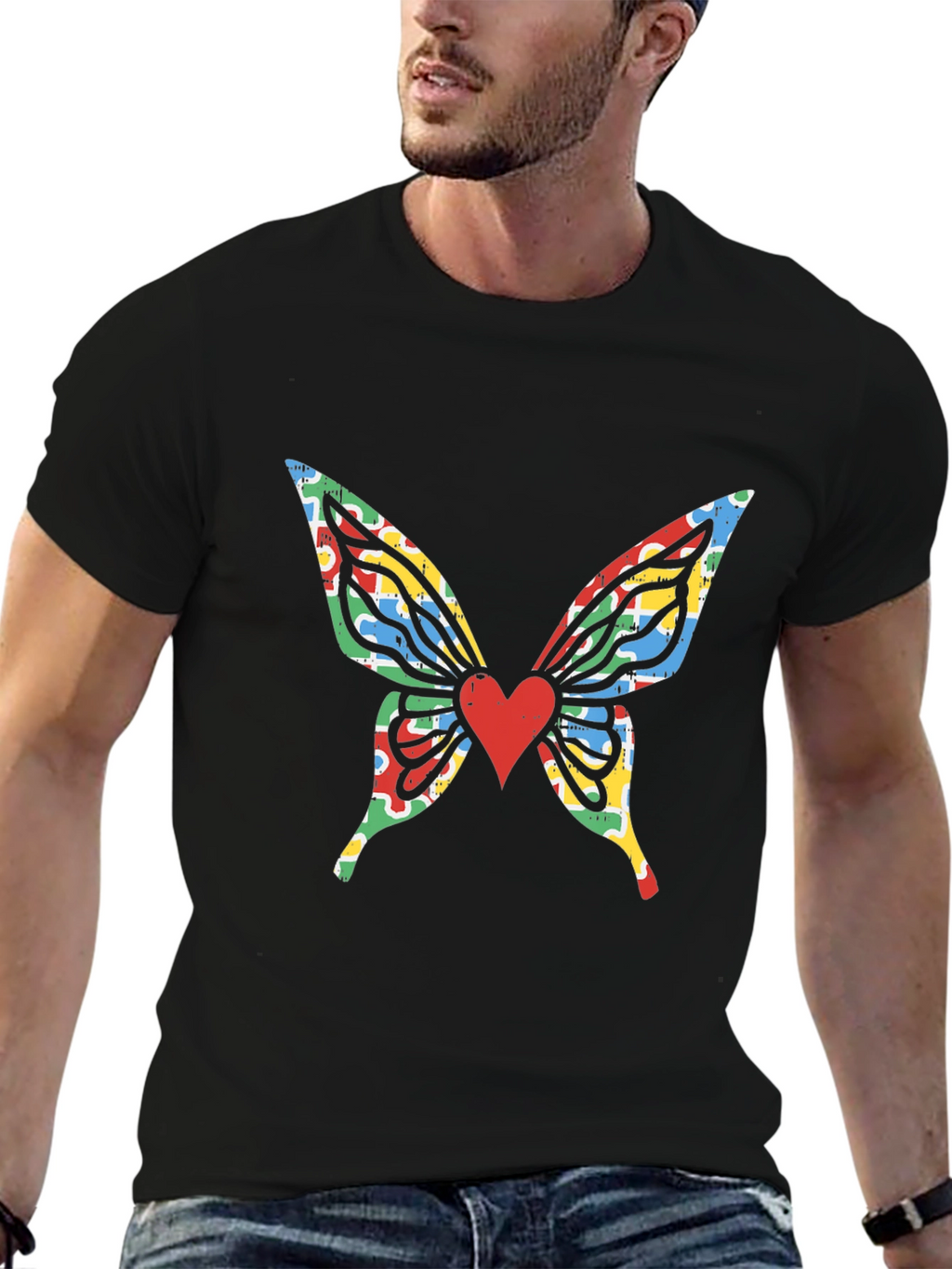 Butterfly Wings Heart Graphic Black T-Shirt