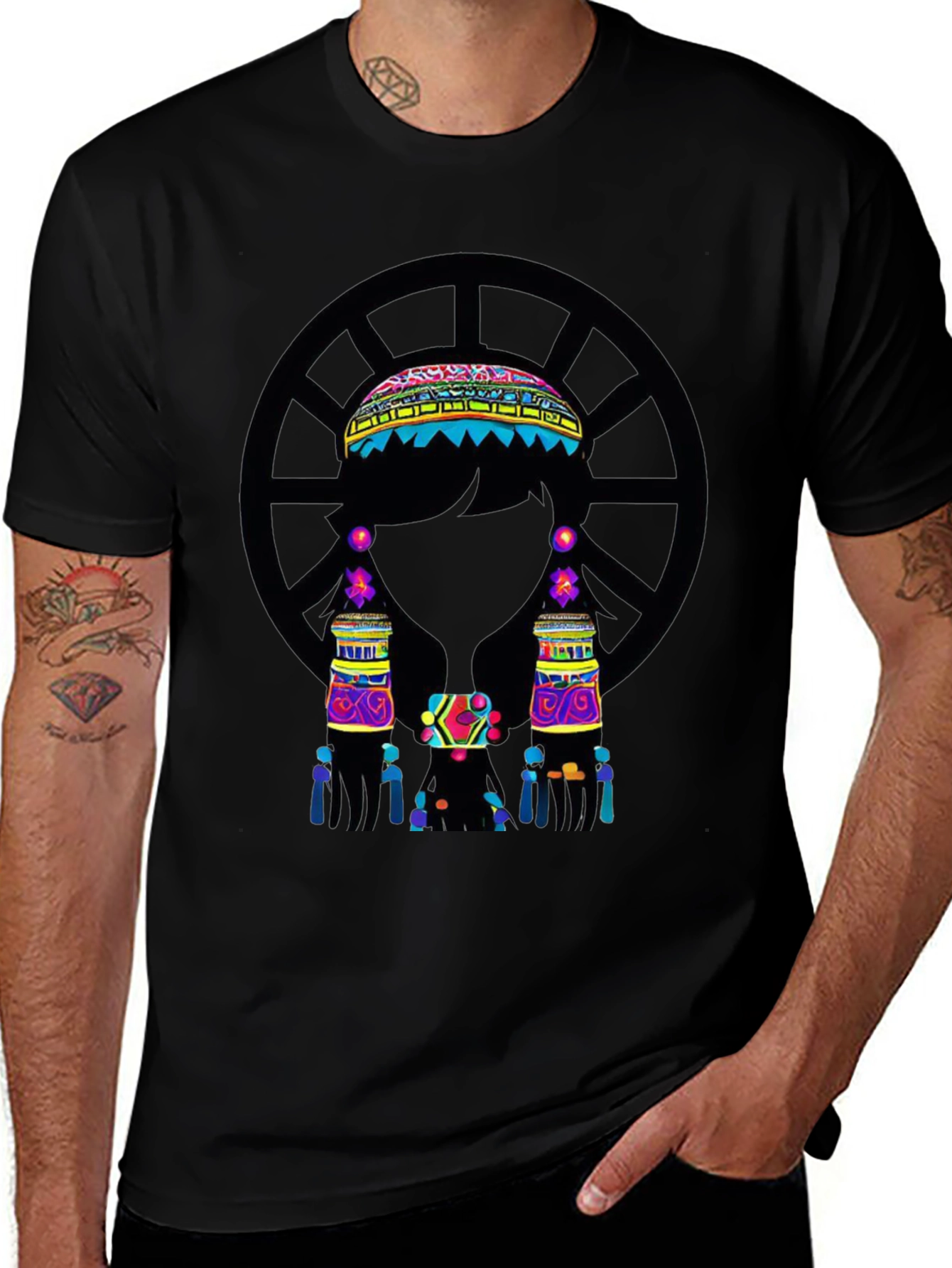 Vibrant Ethnic Print Black T-Shirt