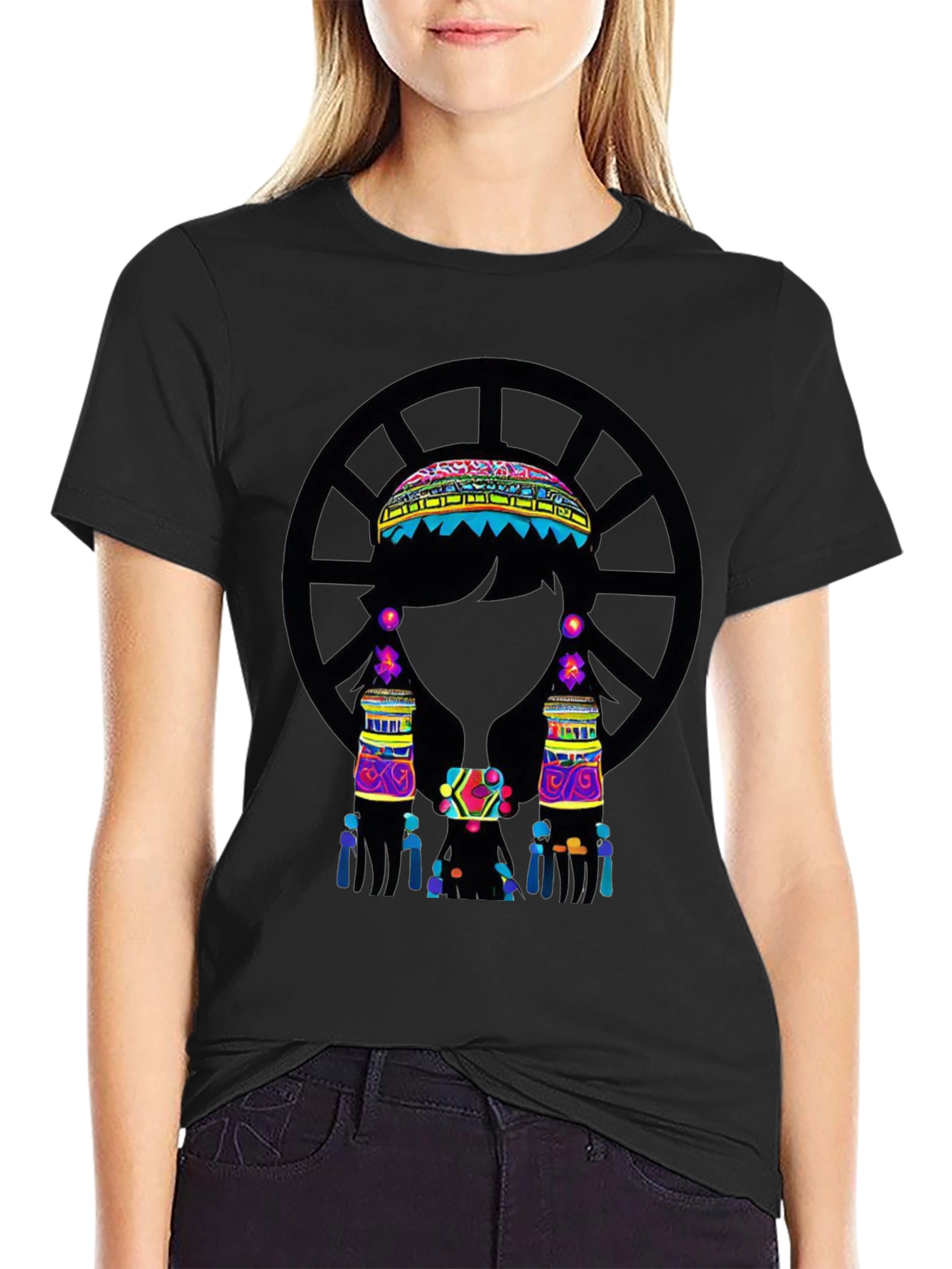 Vibrant Ethnic Print Black T-Shirt