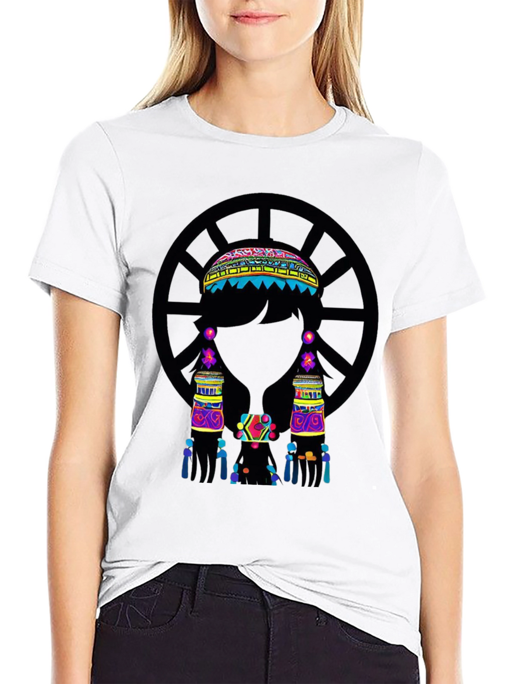 Vibrant Ethnic Print Black T-Shirt
