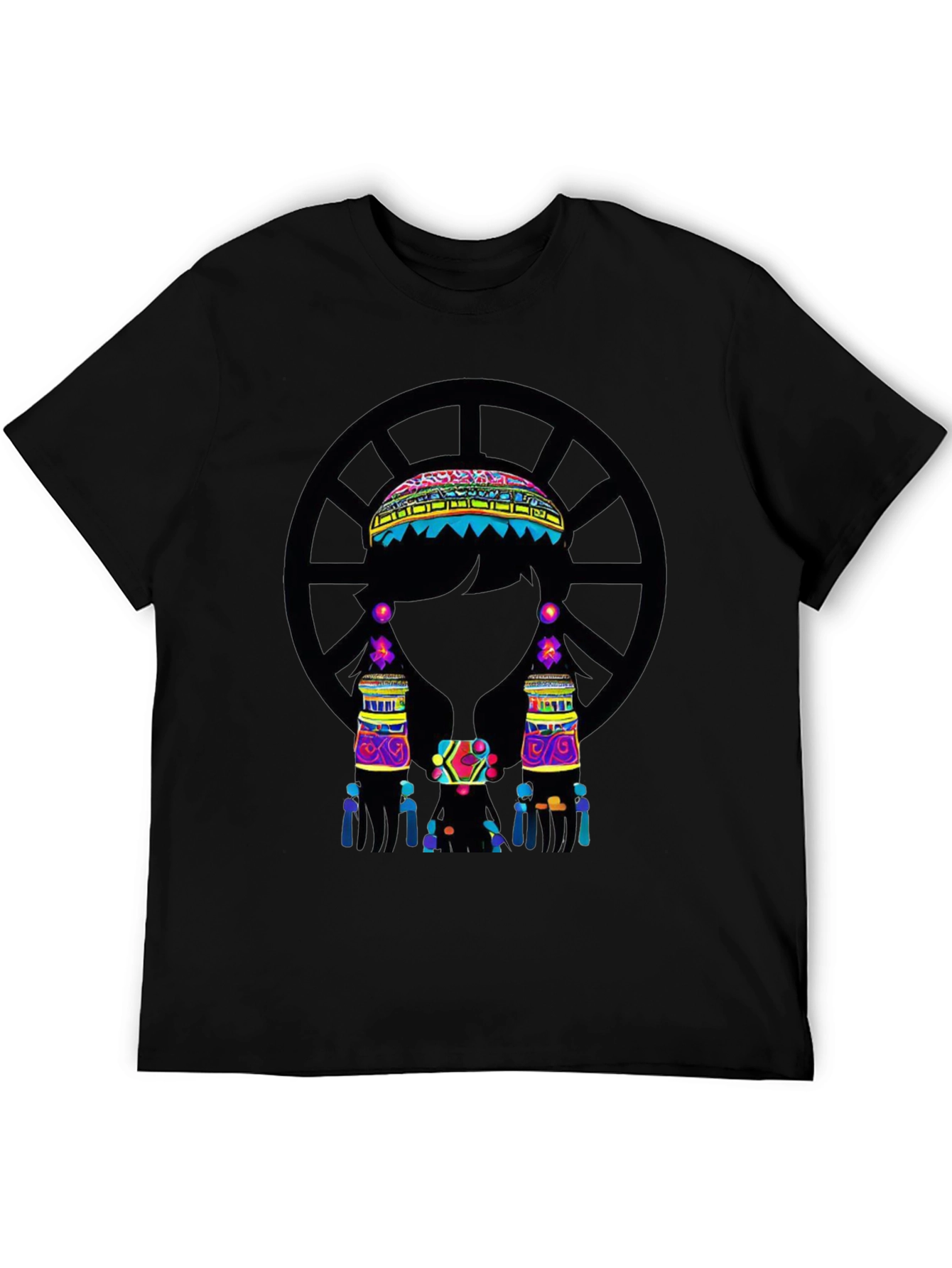 Vibrant Ethnic Print Black T-Shirt