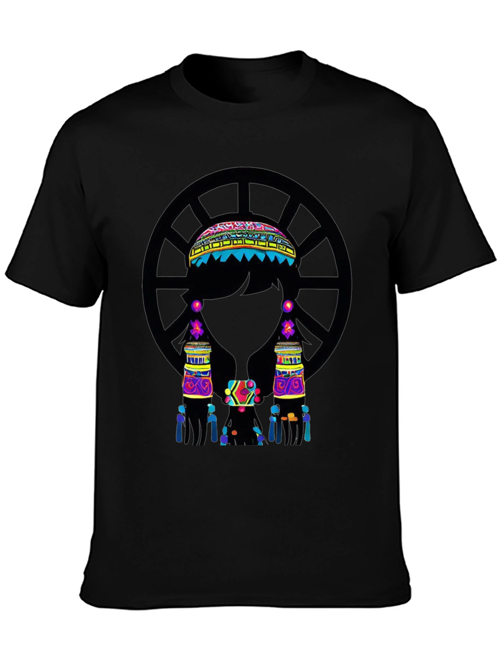 Vibrant Ethnic Print Black T-Shirt