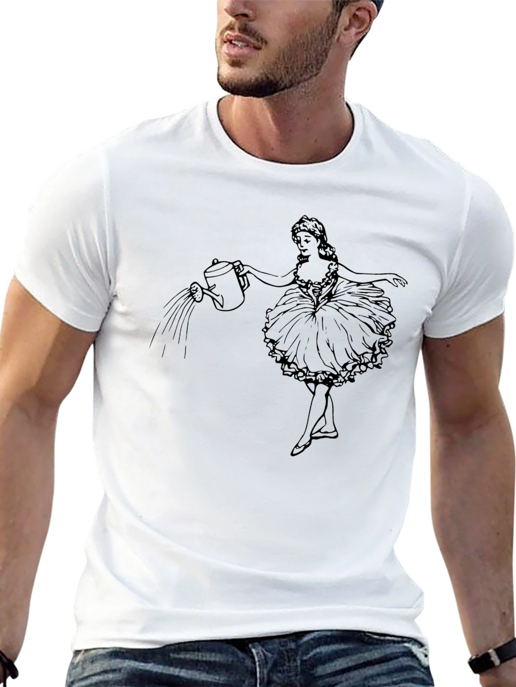 Black Graphic Tee - Ballerina Watering Flowers