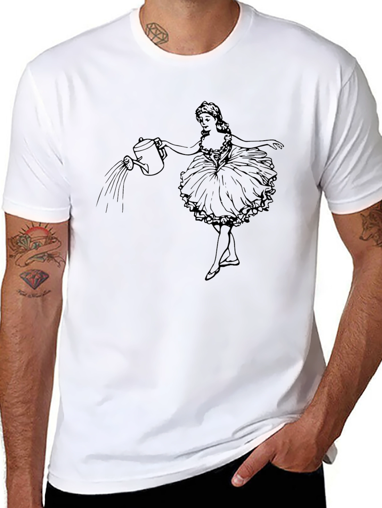 Black Graphic Tee - Ballerina Watering Flowers