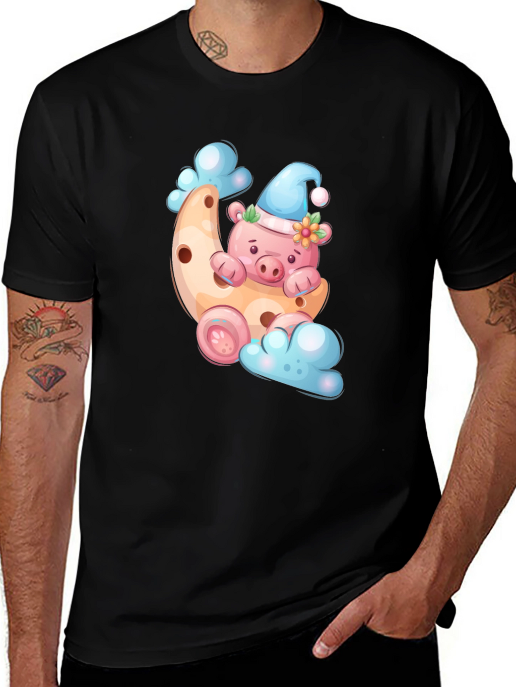 Cute Pig on Moon T-Shirt - Black