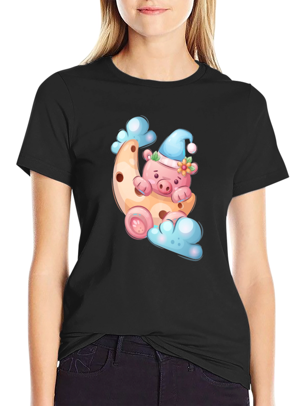 Cute Pig on Moon T-Shirt - Black