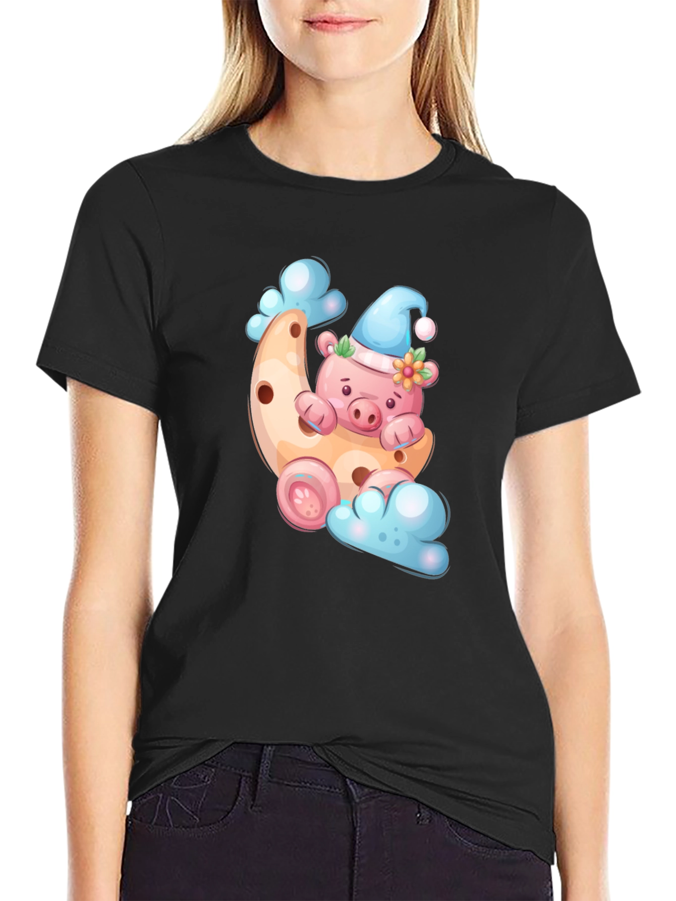 Cute Pig on Moon T-Shirt - Black