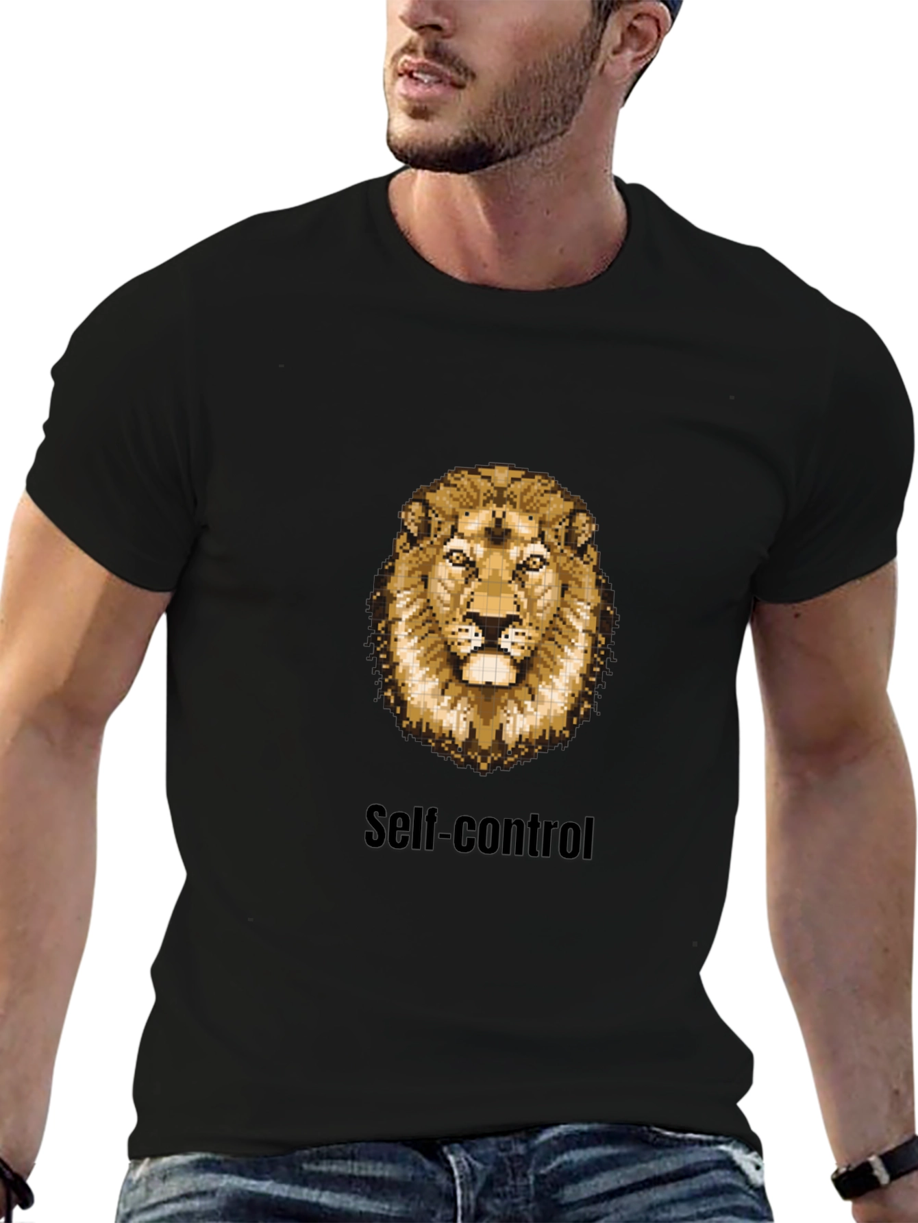 Lion Pixel Art Self-Control Black T-Shirt