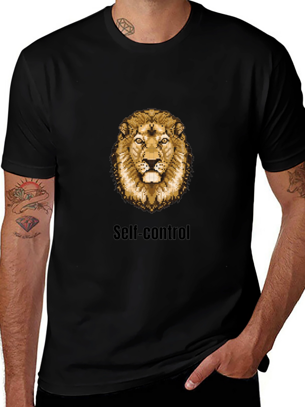 Lion Pixel Art Self-Control Black T-Shirt