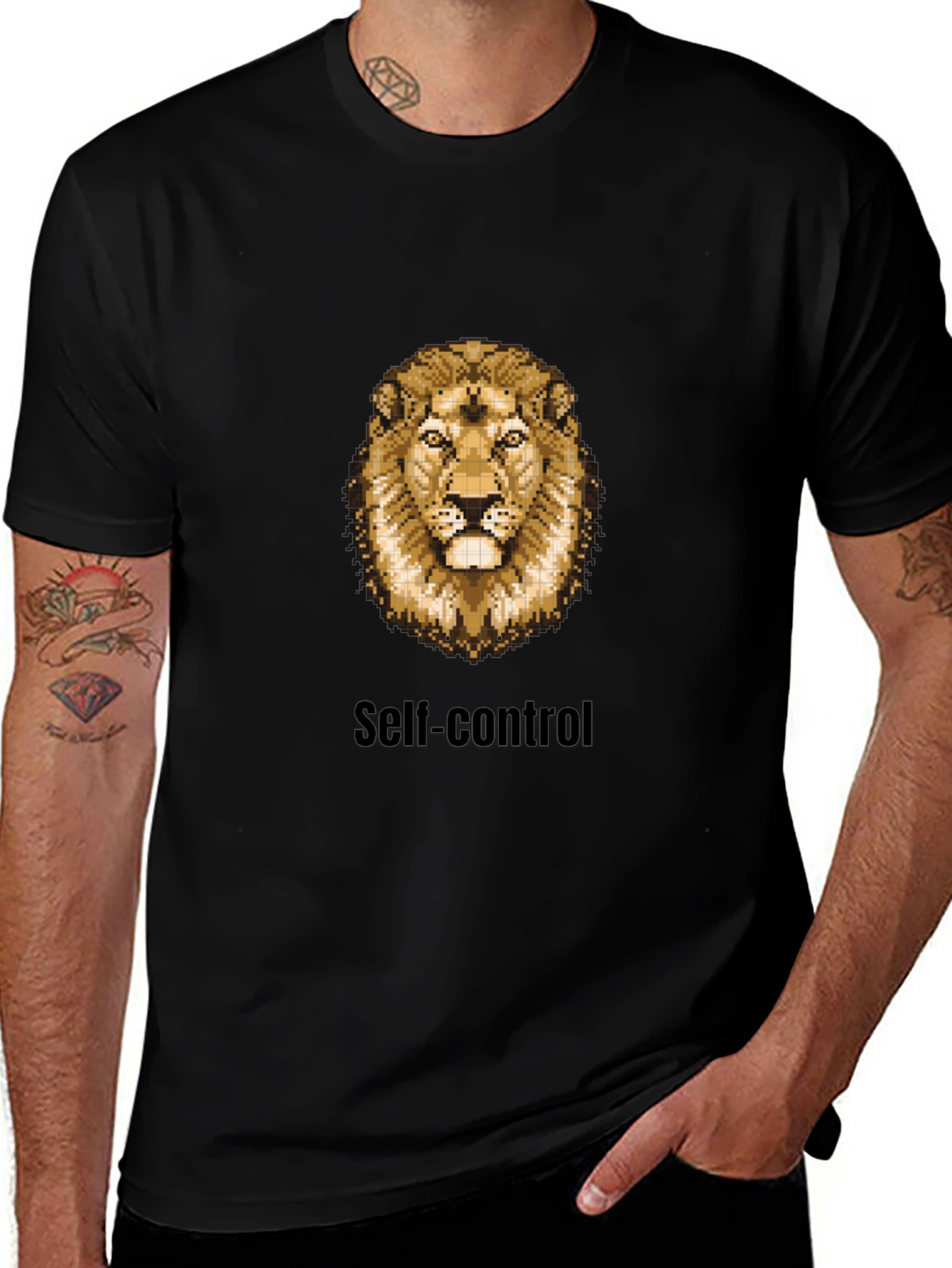 Lion Pixel Art Self-Control Black T-Shirt
