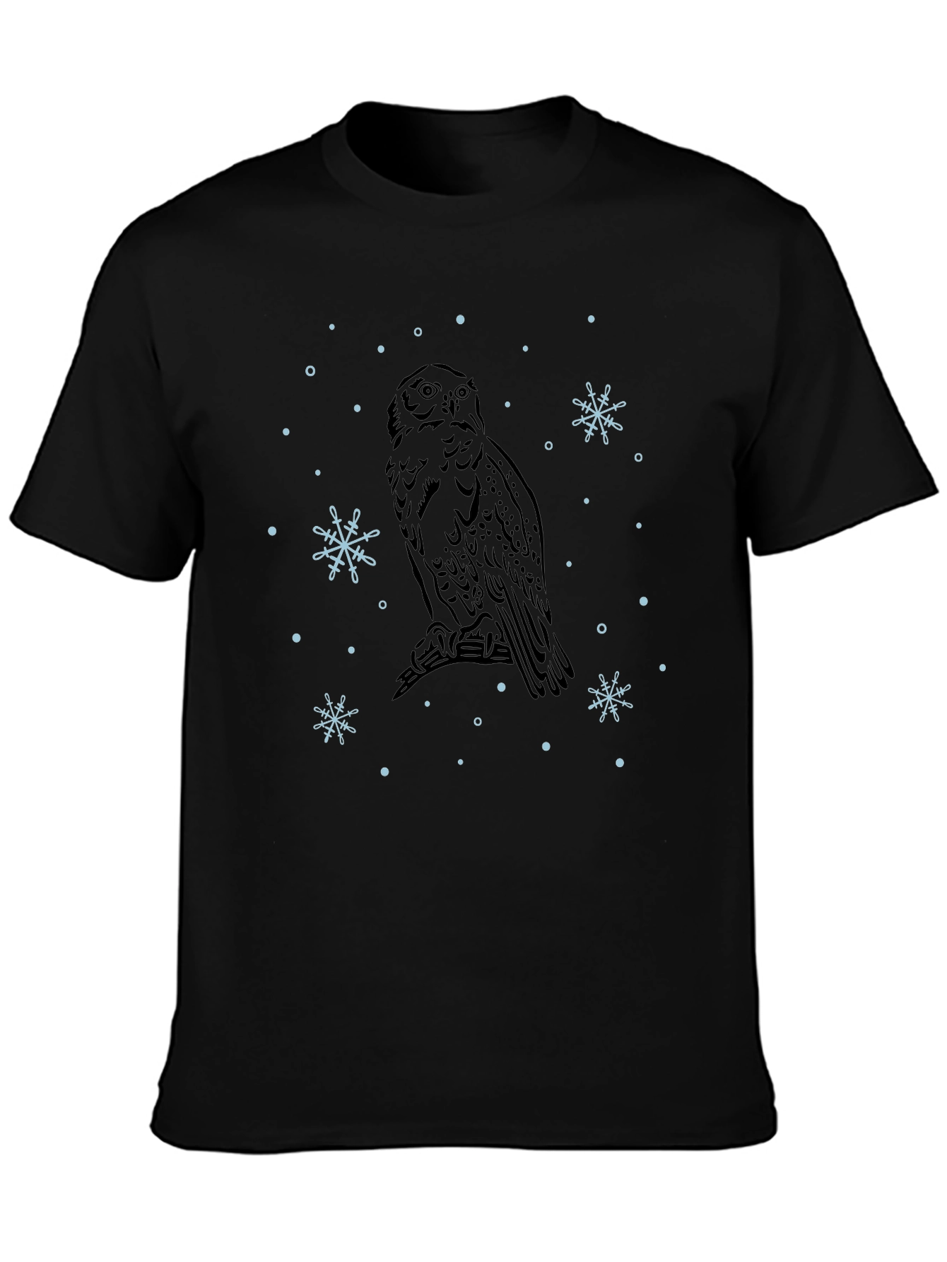 Owl and Snowflake Graphic Tee - Black Cotton Blend