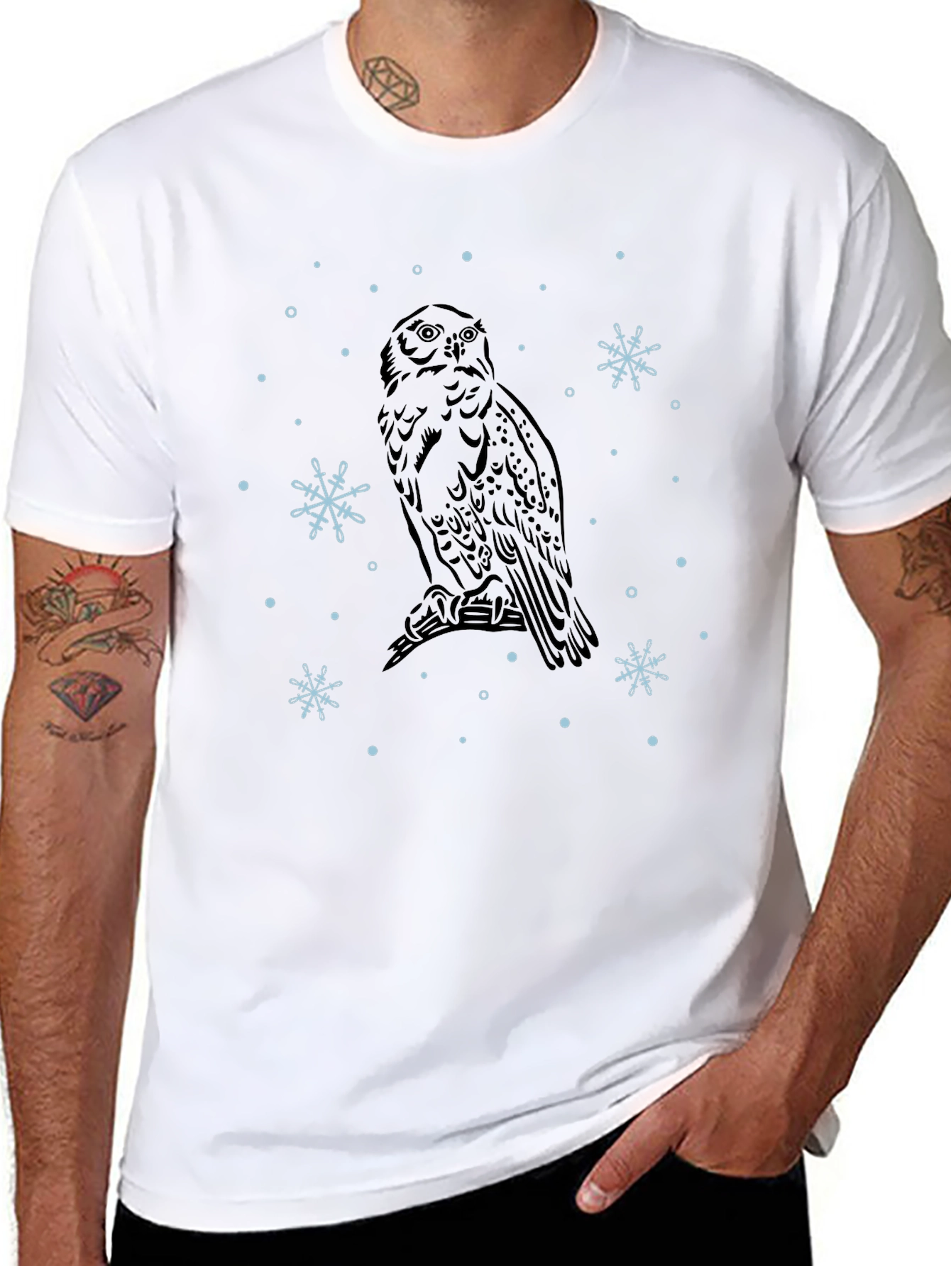 Owl and Snowflake Graphic Tee - Black Cotton Blend