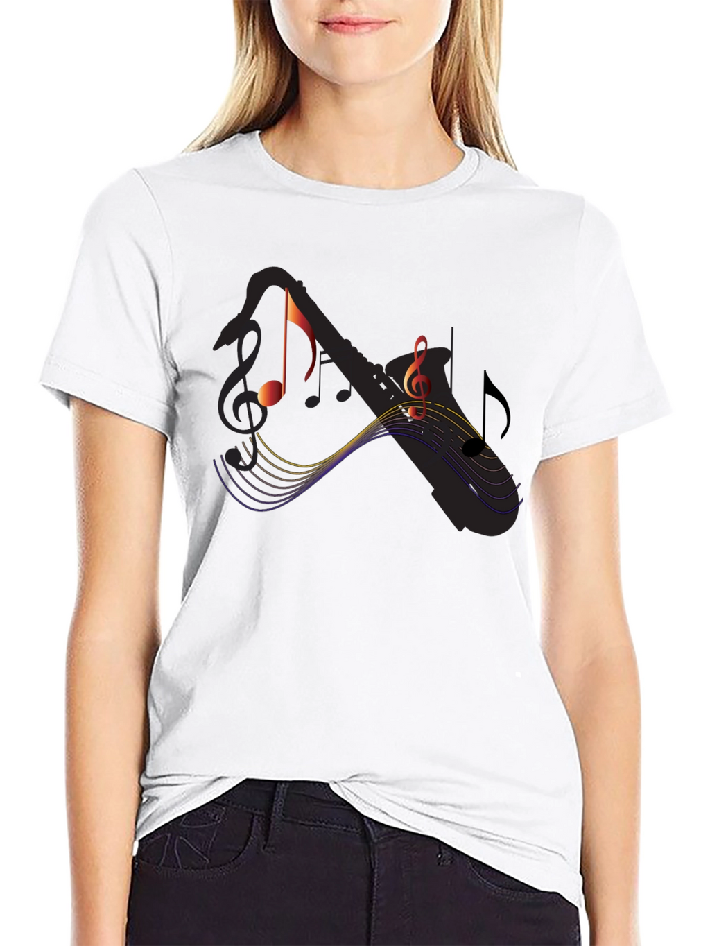 Music Notes Saxophone Graphic Black T-Shirt