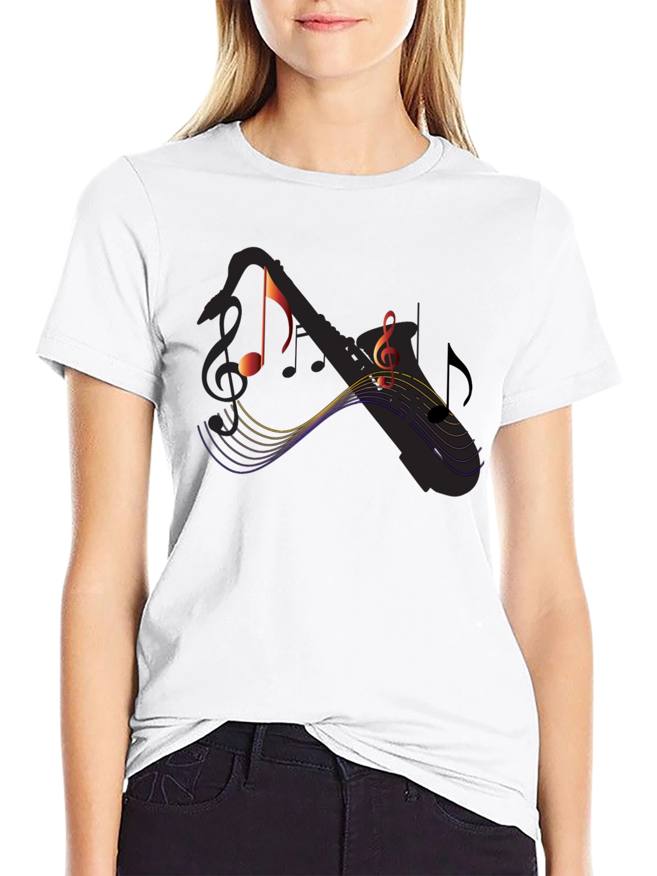Music Notes Saxophone Graphic Black T-Shirt