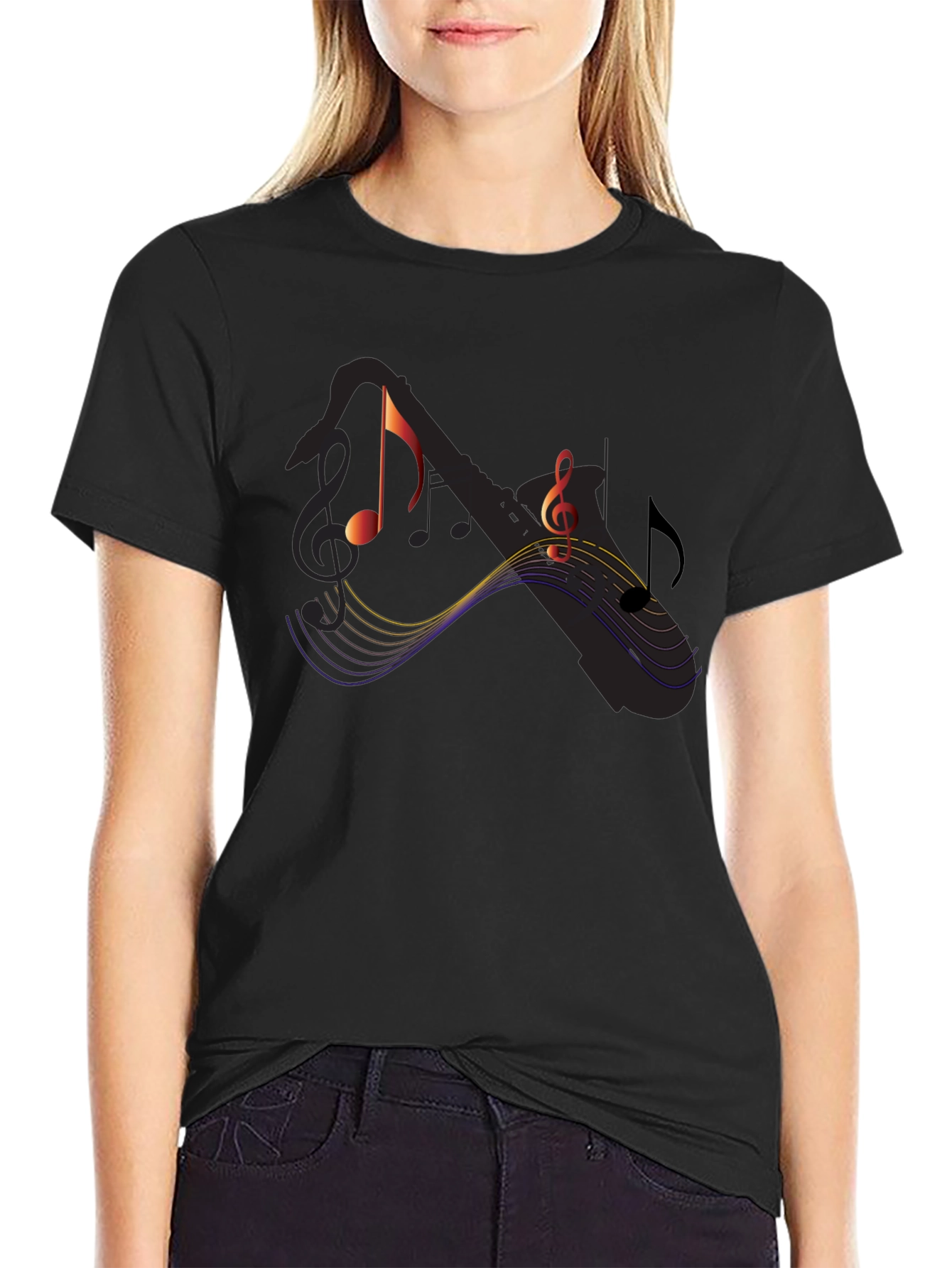 Music Notes Saxophone Graphic Black T-Shirt