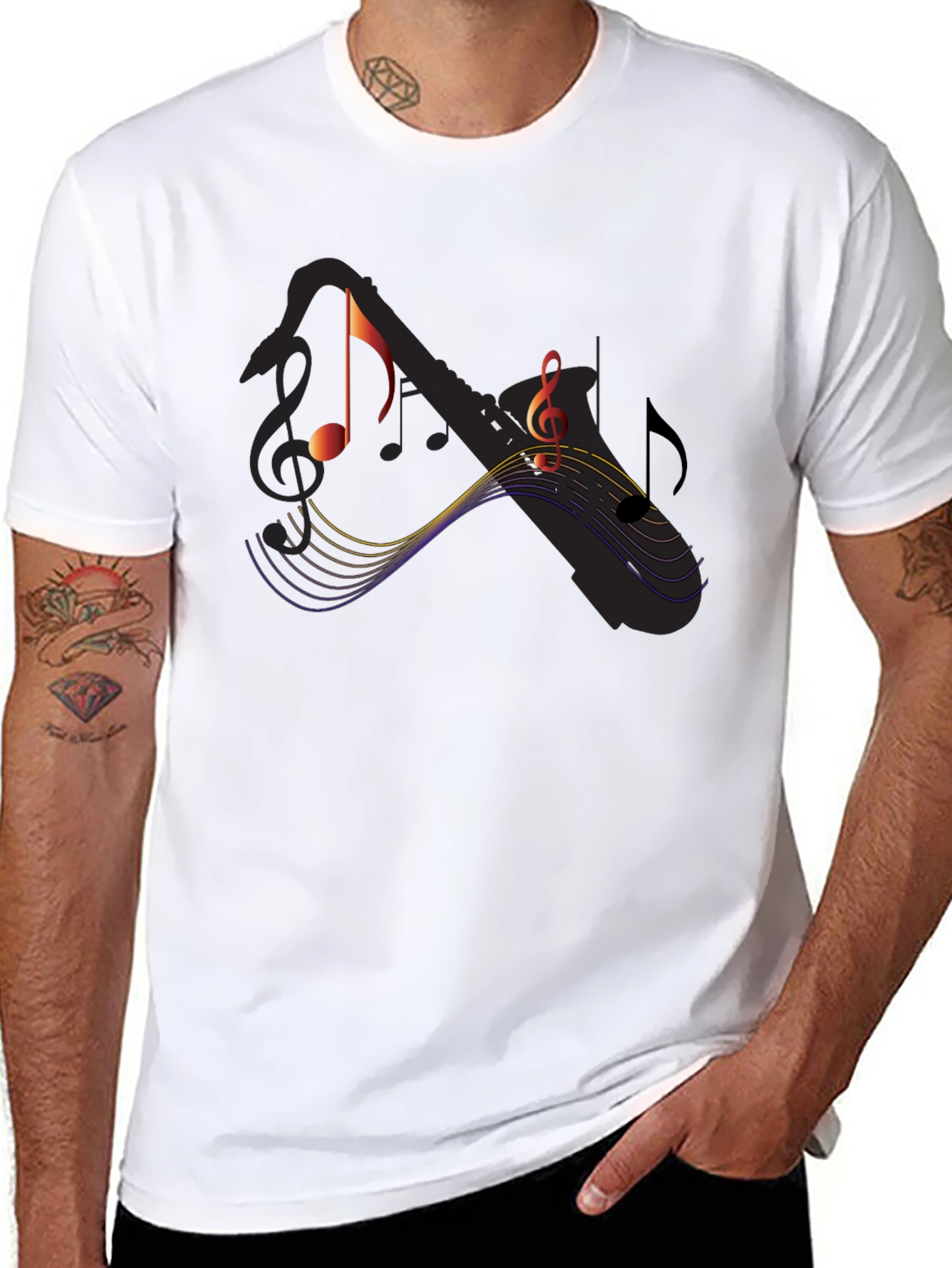 Music Notes Saxophone Graphic Black T-Shirt