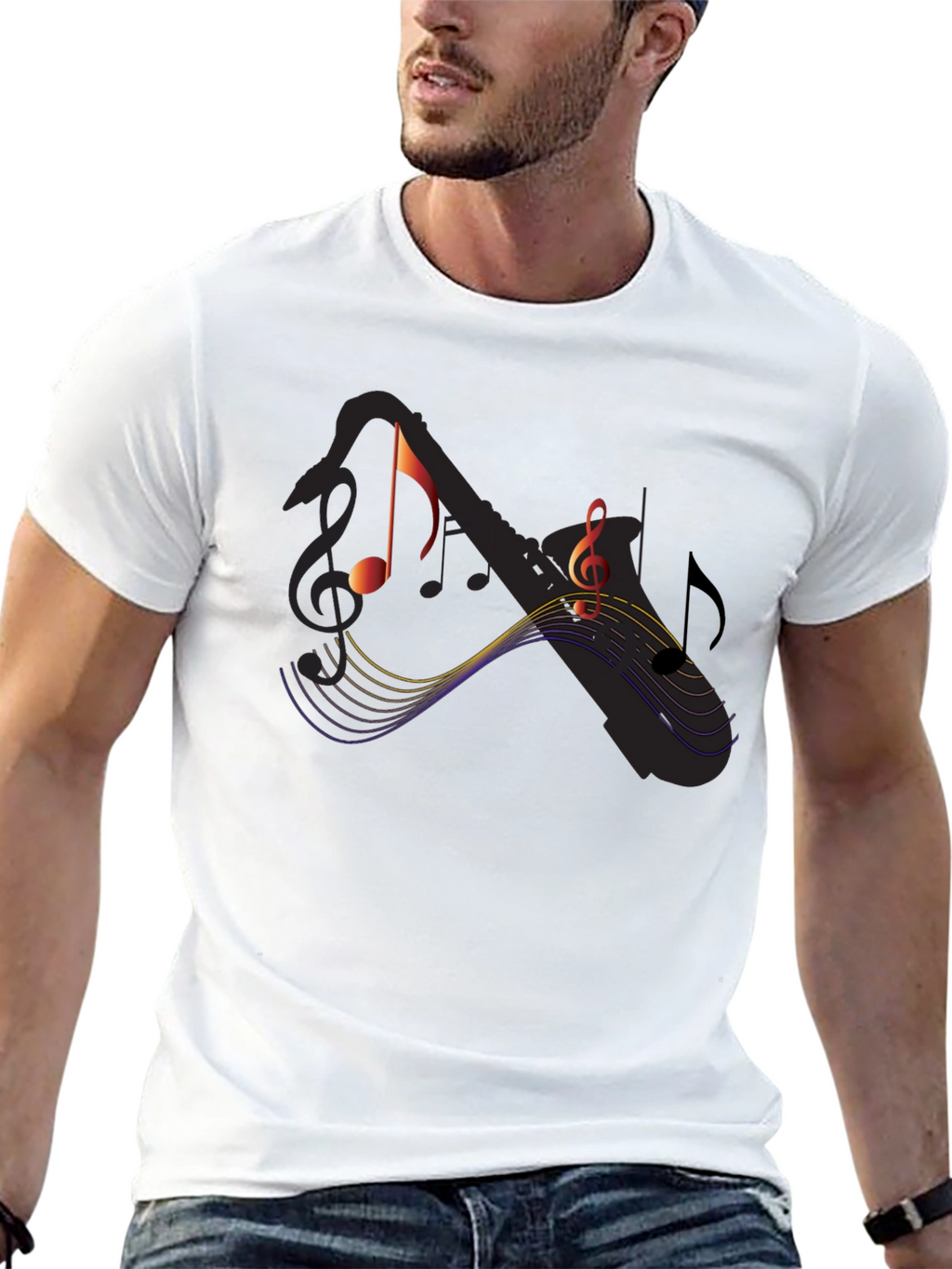 Music Notes Saxophone Graphic Black T-Shirt