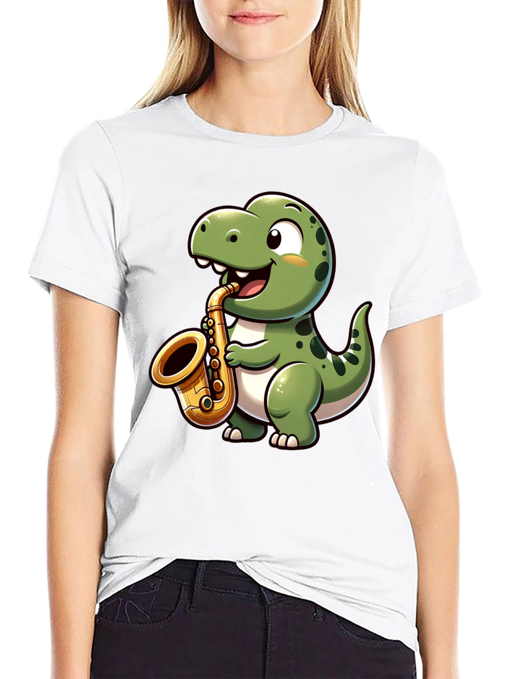 Dino Sax T-Shirt - Cartoon Dinosaur Playing Saxophone