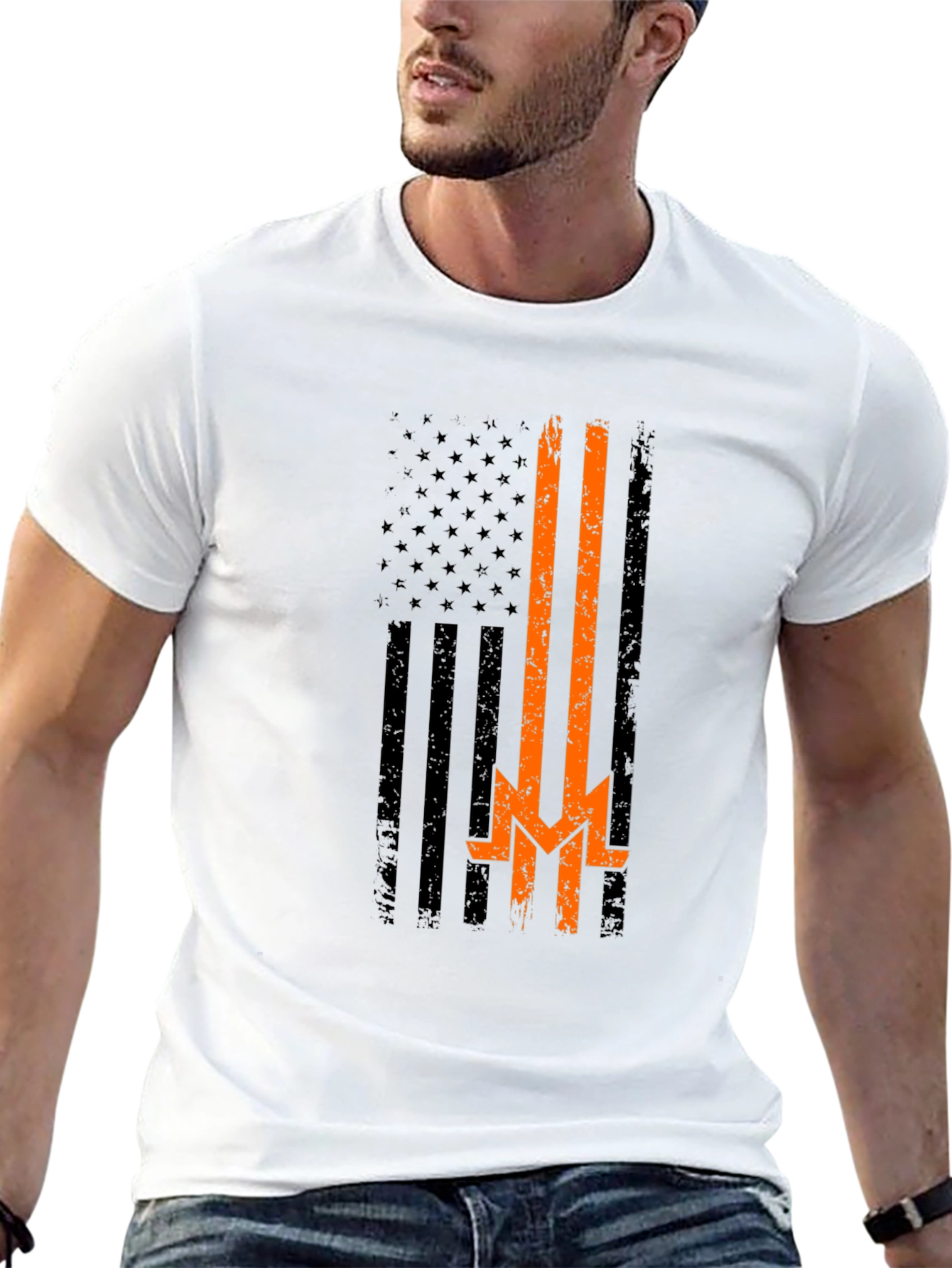 Distressed American Flag Thin Orange Line T-Shirt