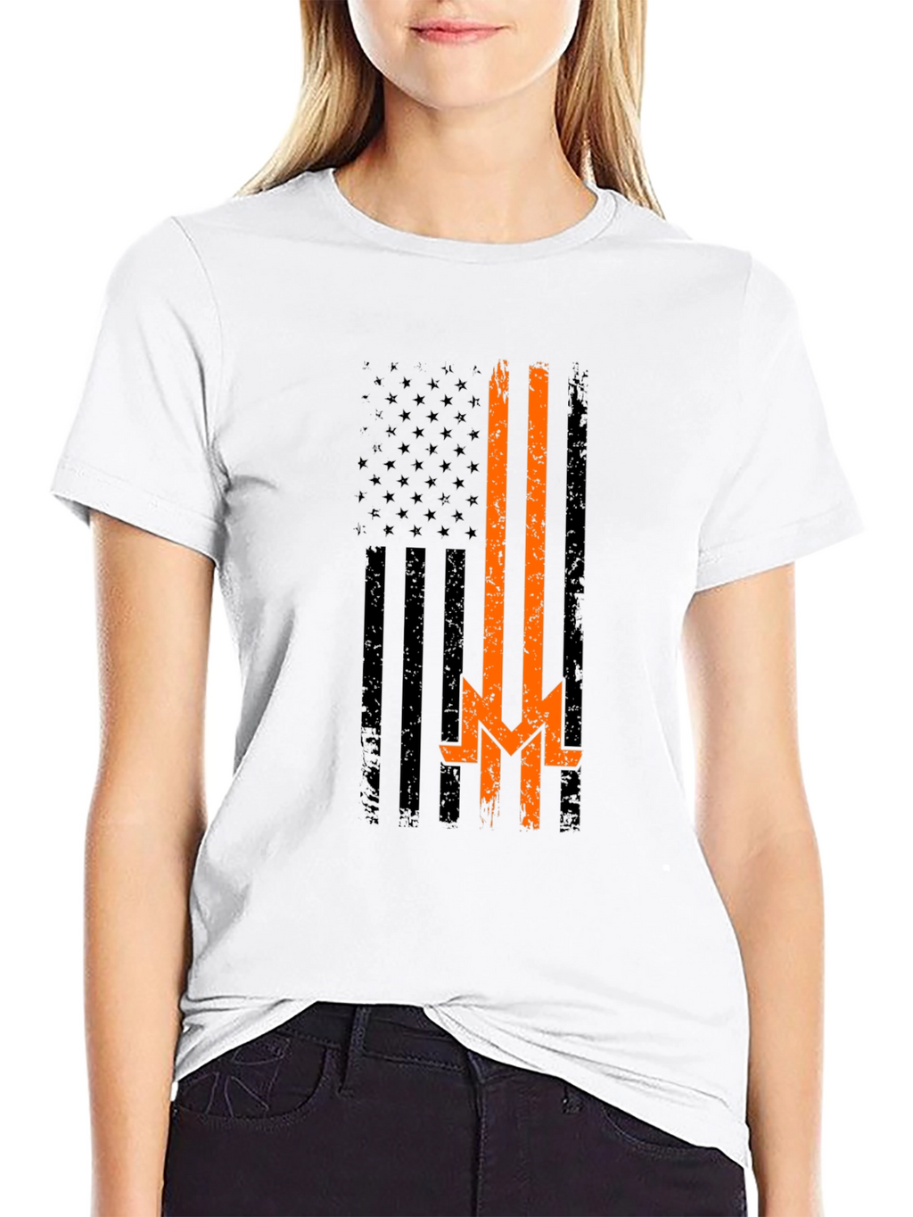 Distressed American Flag Thin Orange Line T-Shirt