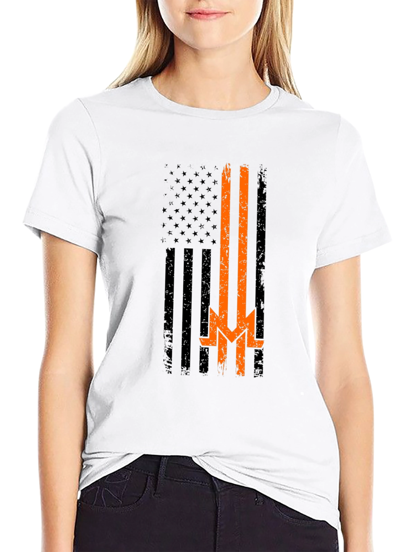 Distressed American Flag Thin Orange Line T-Shirt