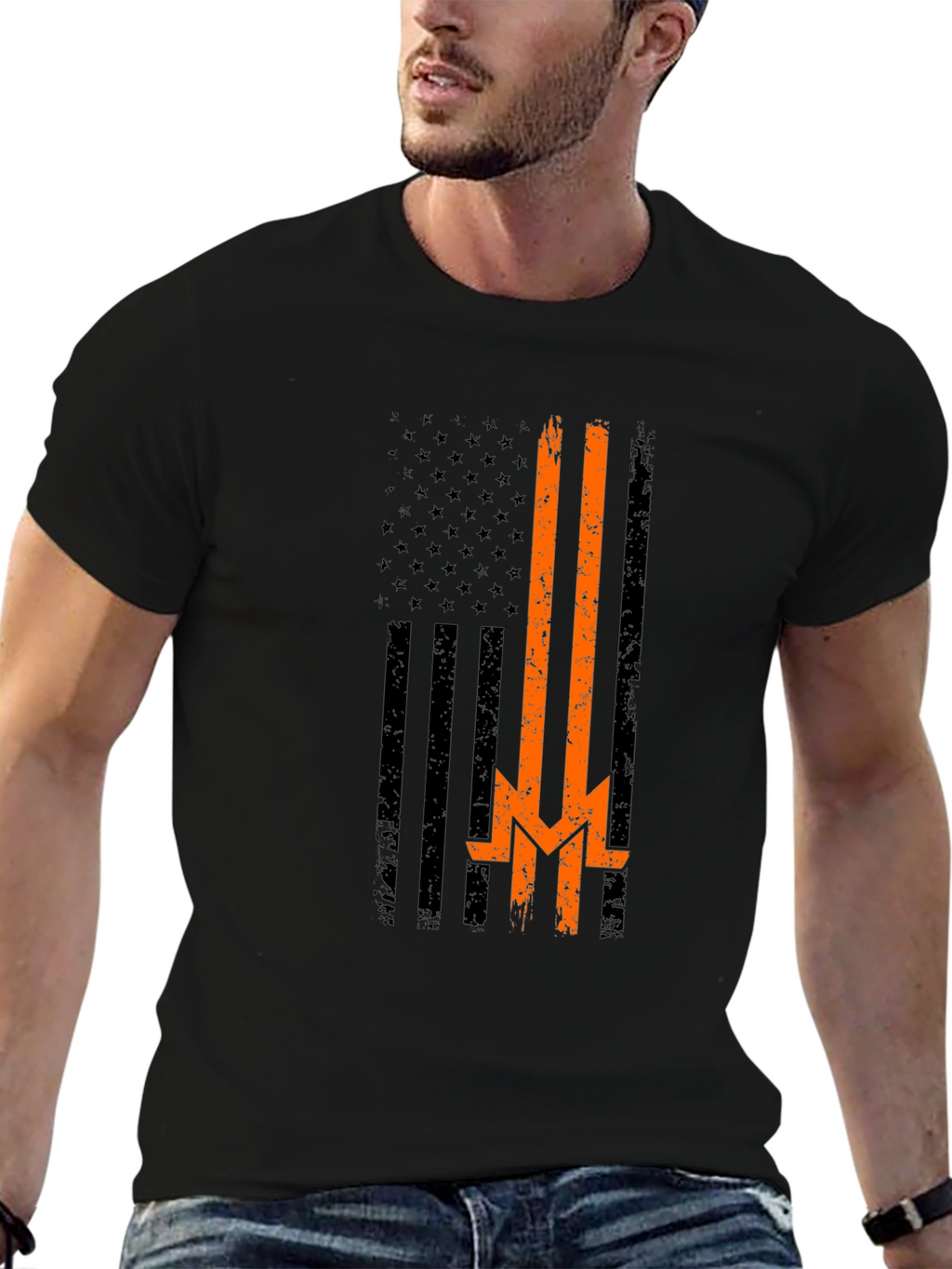 Distressed American Flag Thin Orange Line T-Shirt