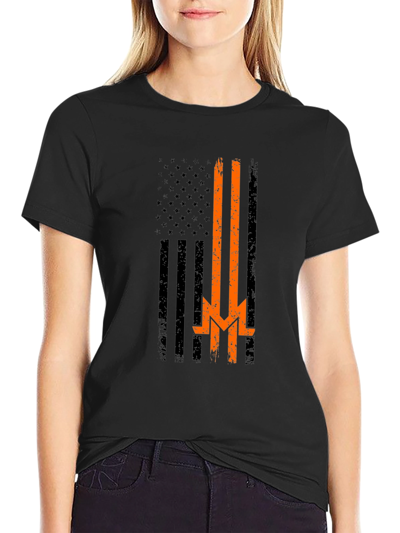 Distressed American Flag Thin Orange Line T-Shirt