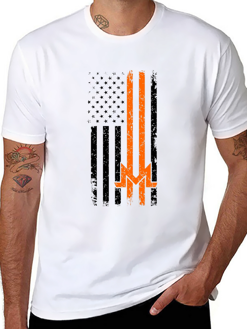 Distressed American Flag Thin Orange Line T-Shirt