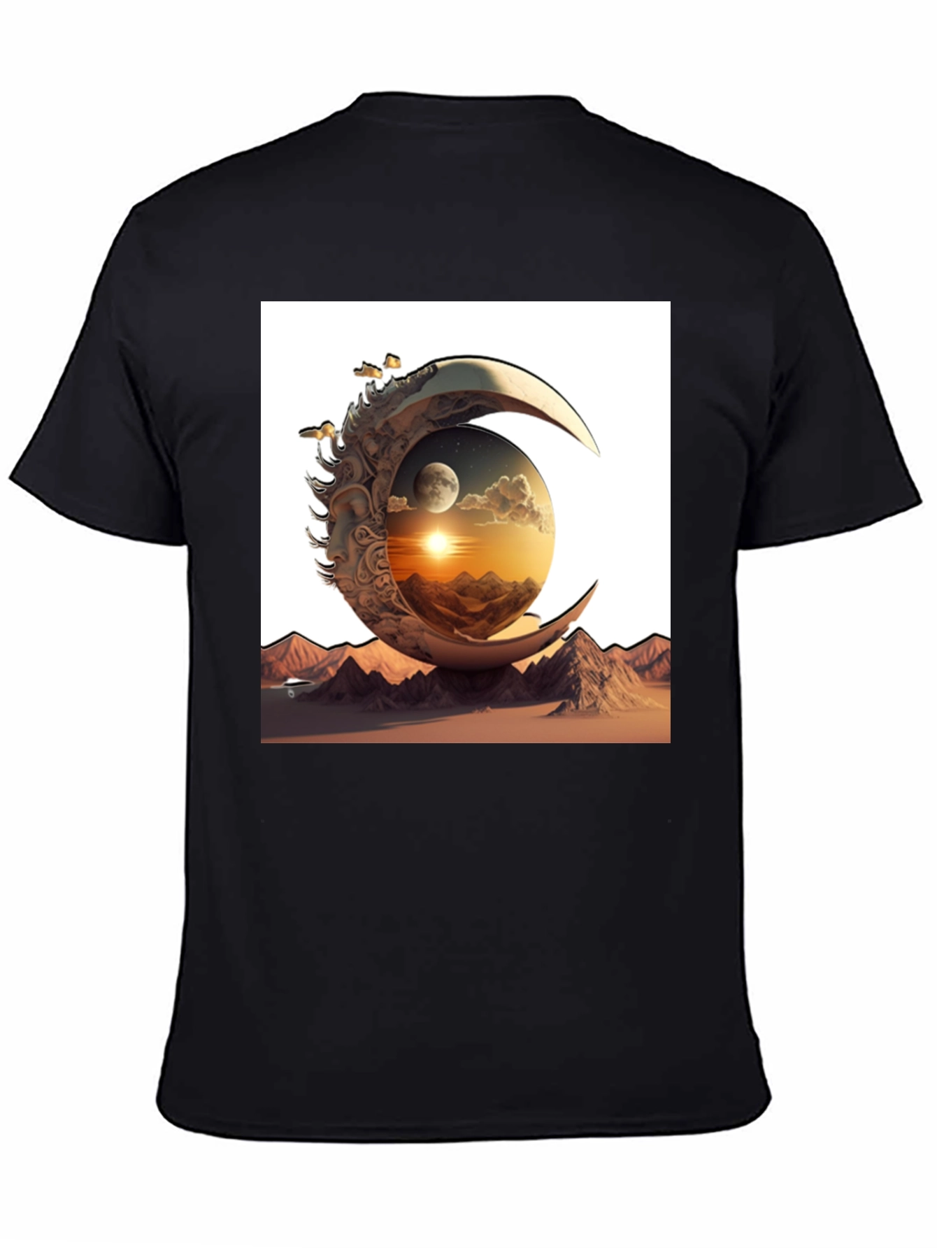 Celestial Moon & Mountain Graphic Tee - Black