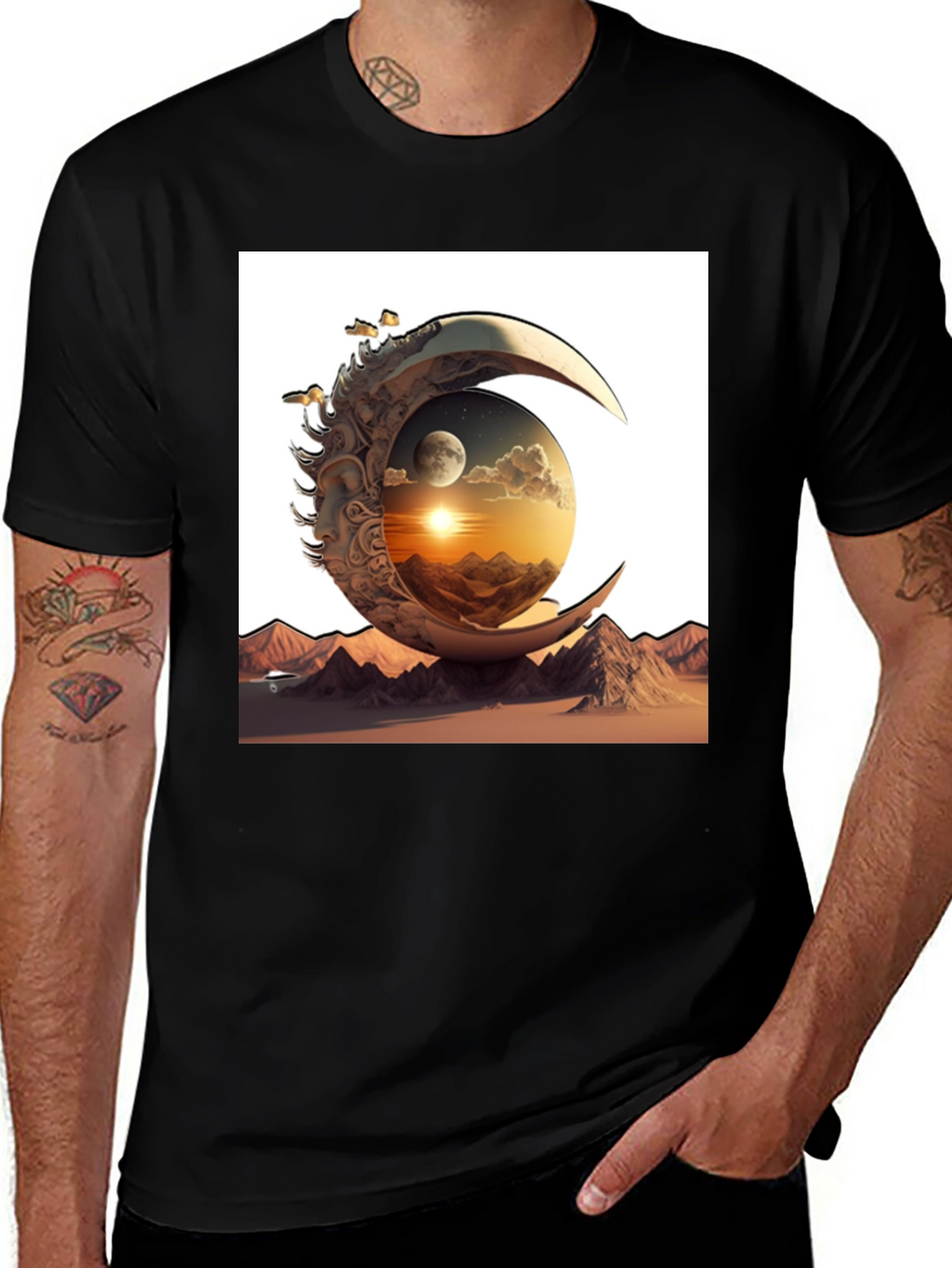Celestial Moon & Mountain Graphic Tee - Black