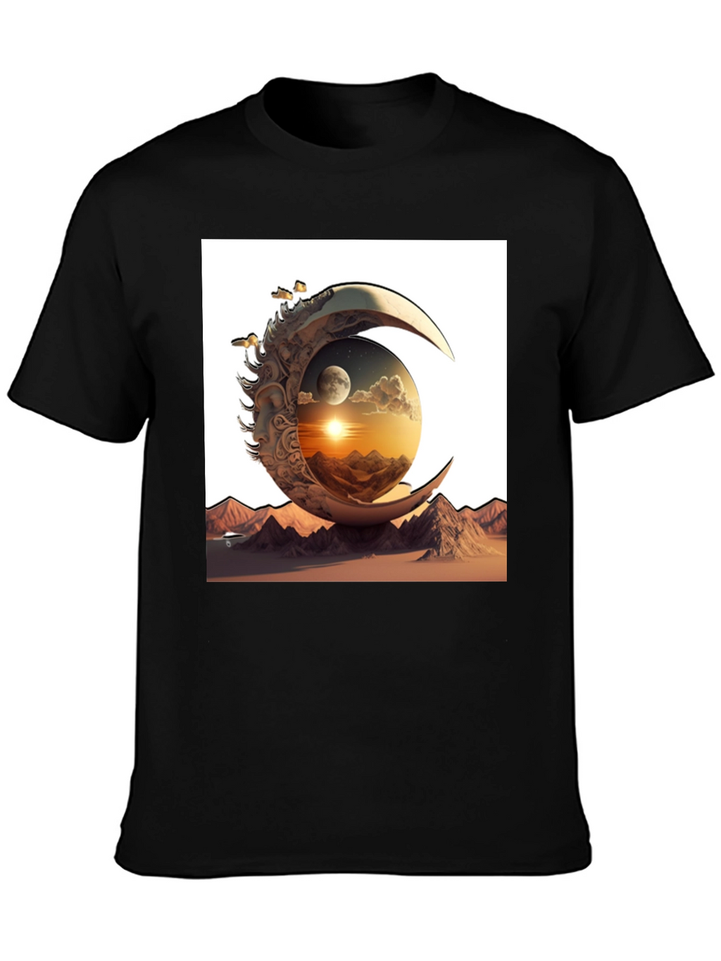 Celestial Moon & Mountain Graphic Tee - Black