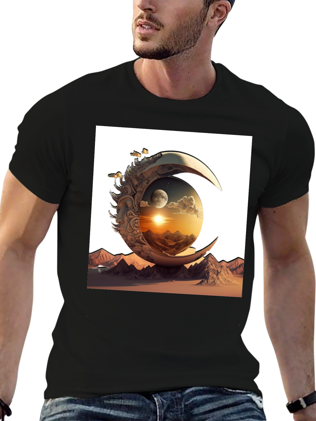 Celestial Moon & Mountain Graphic Tee - Black
